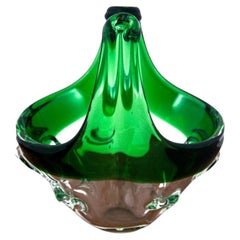 Vintage Glass Green Decorative Basket, Czechoslovakia, 1960s