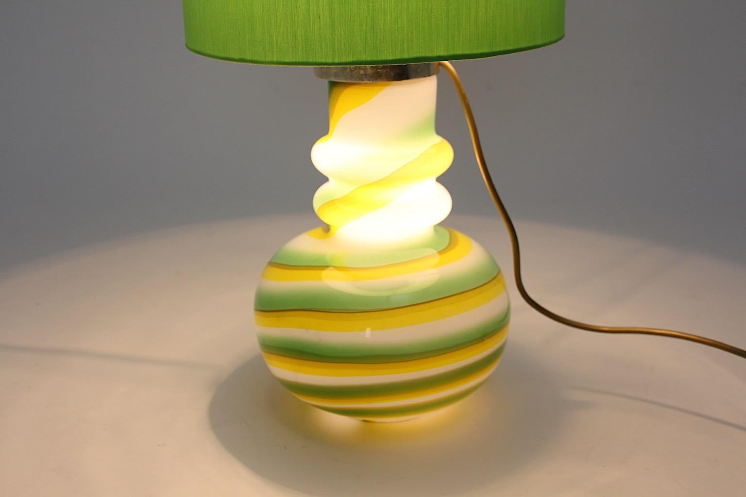 Italian Glass Green Yellow White Vintage Space Age Table Lamp, 1960s, Italy For Sale