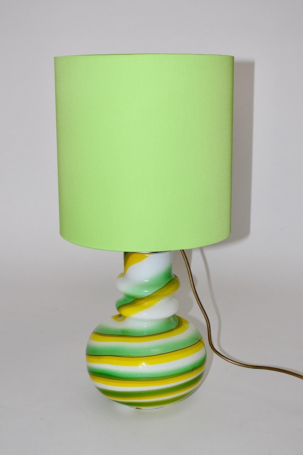 Mid-20th Century Glass Green Yellow White Vintage Space Age Table Lamp, 1960s, Italy For Sale
