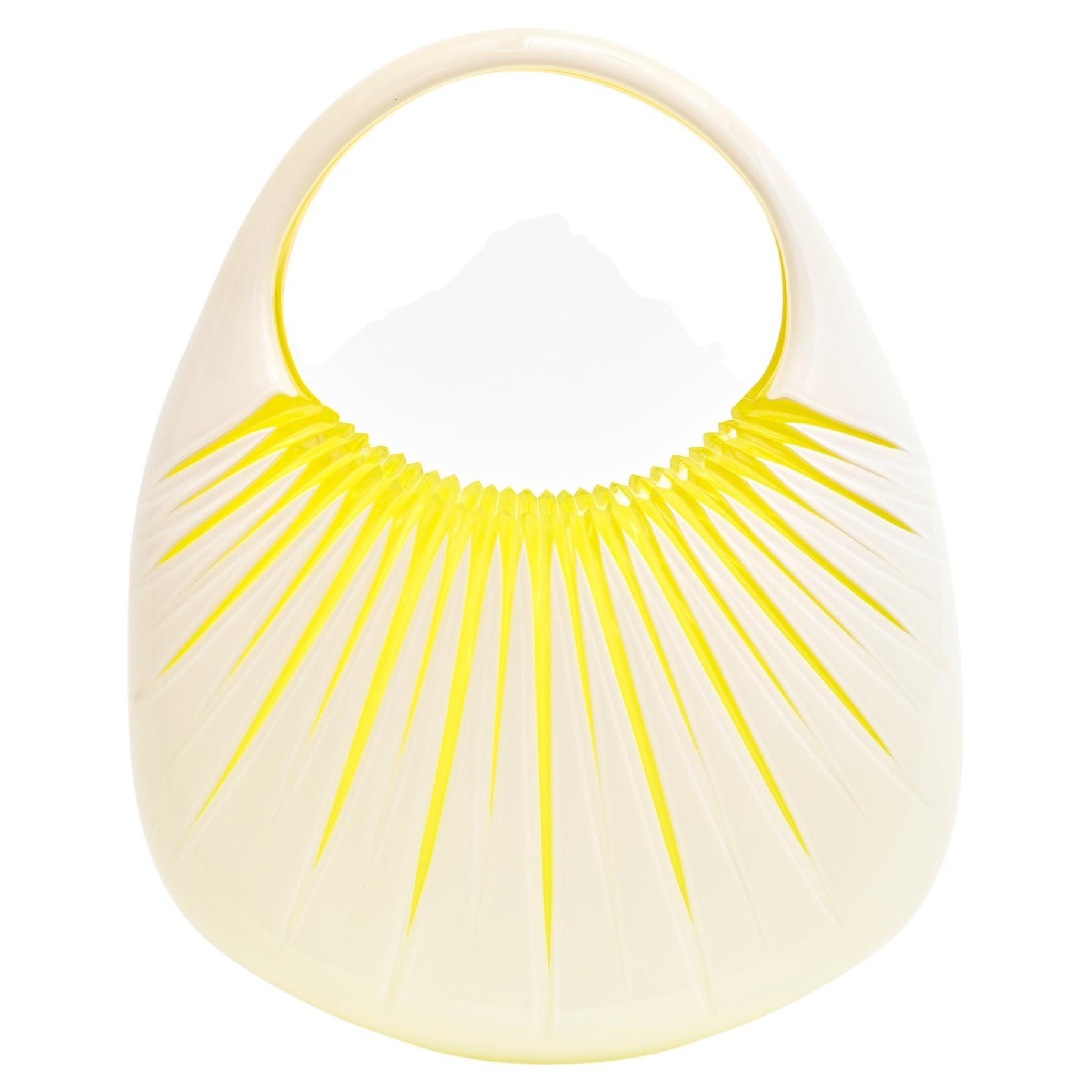 Glass Handbag with Yellow and White Engraved Sunburst by Raiffe In New Condition In Brooklyn, NY