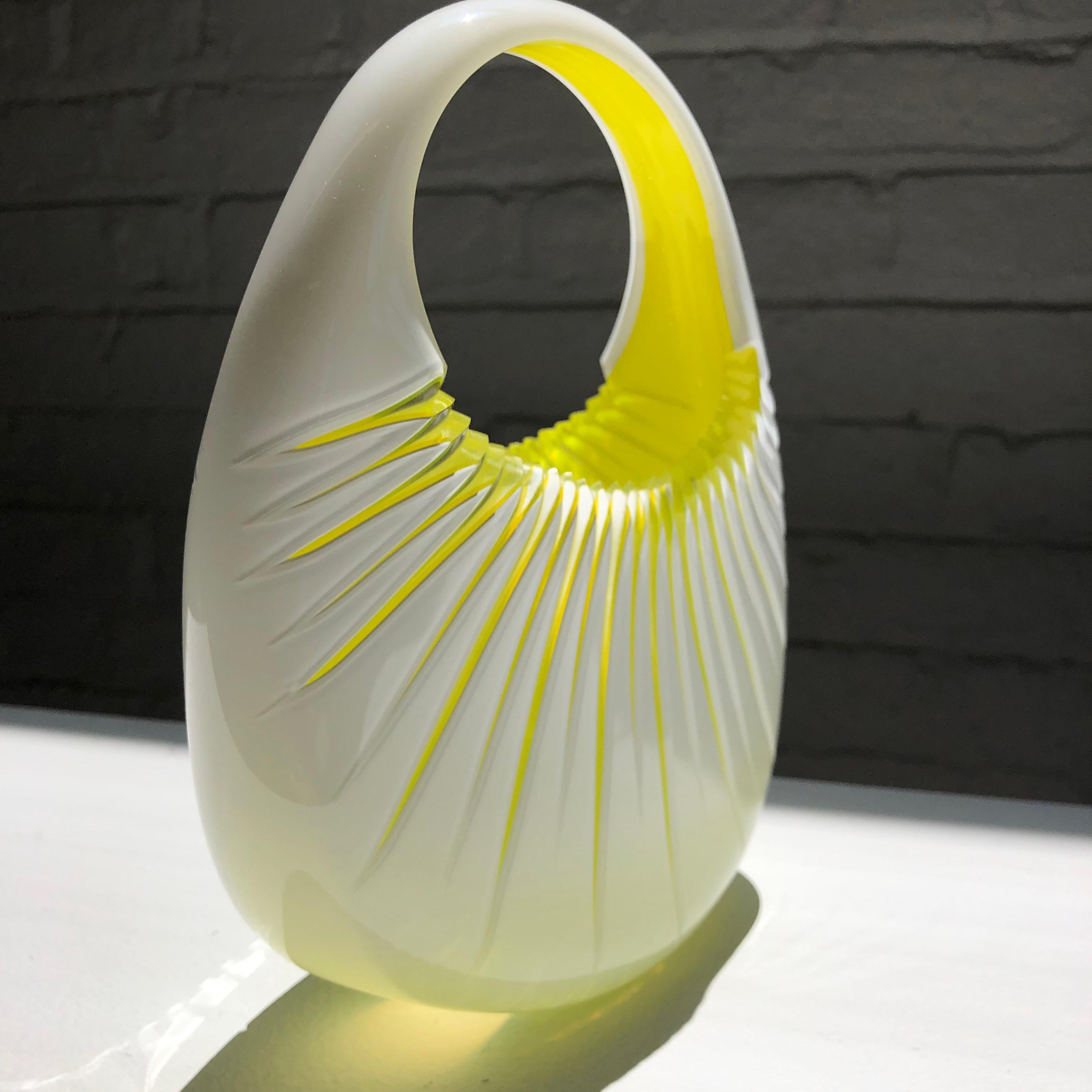 Contemporary Glass Handbag with Yellow and White Engraved Sunburst by Raiffe