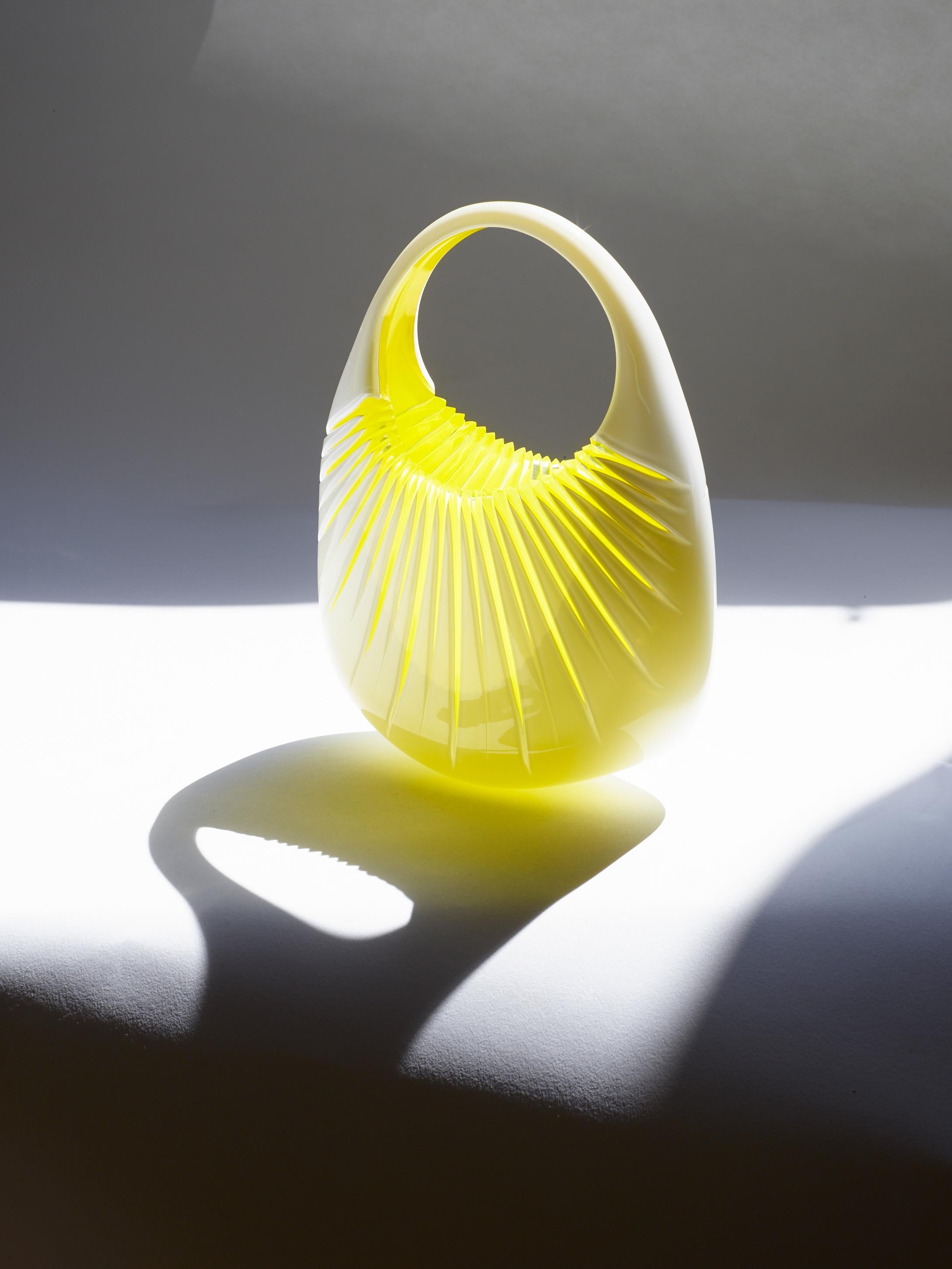 Glass Handbag with Yellow and White Engraved Sunburst by Raiffe 1