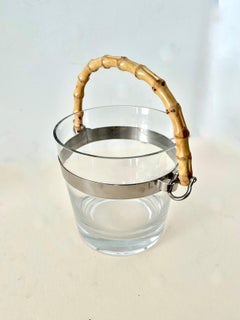 Glass Ice Bucket with Silver Stripe and Bamboo Handle in Style of Ralph Lauren