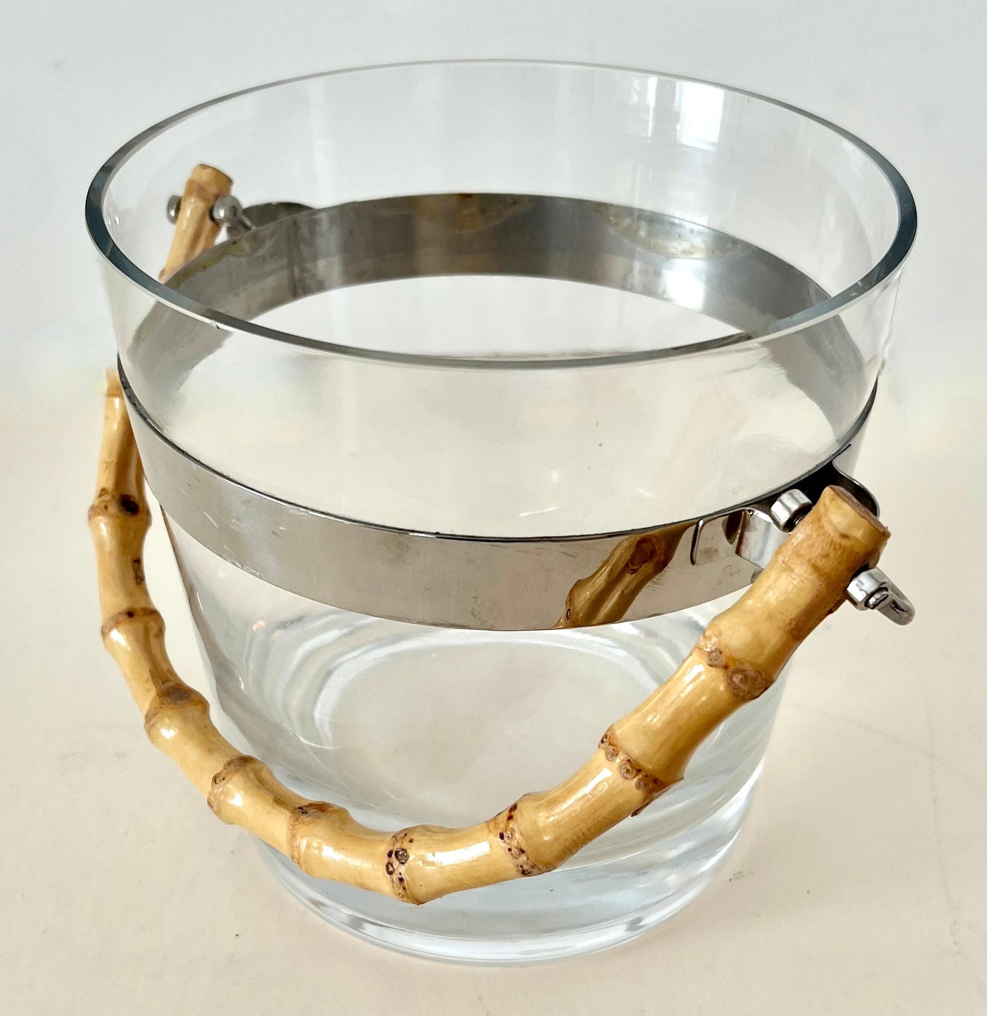 Mid-Century Modern Glass Ice Bucket with Silver Stripe and Bamboo Handle in Style of Ralph Lauren For Sale
