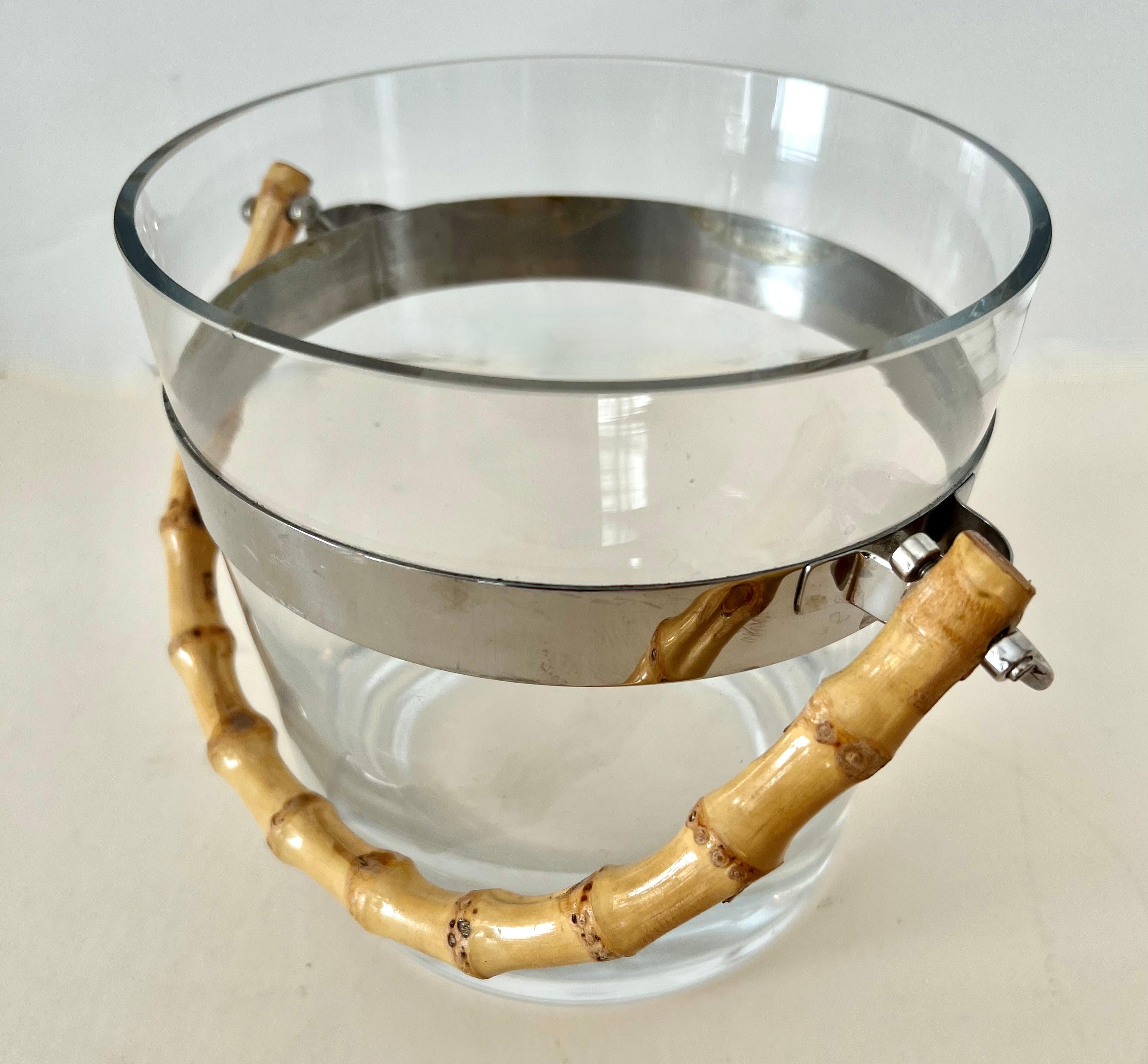 Glass Ice Bucket with Silver Stripe and Bamboo Handle in Style of Ralph Lauren In Good Condition For Sale In Los Angeles, CA