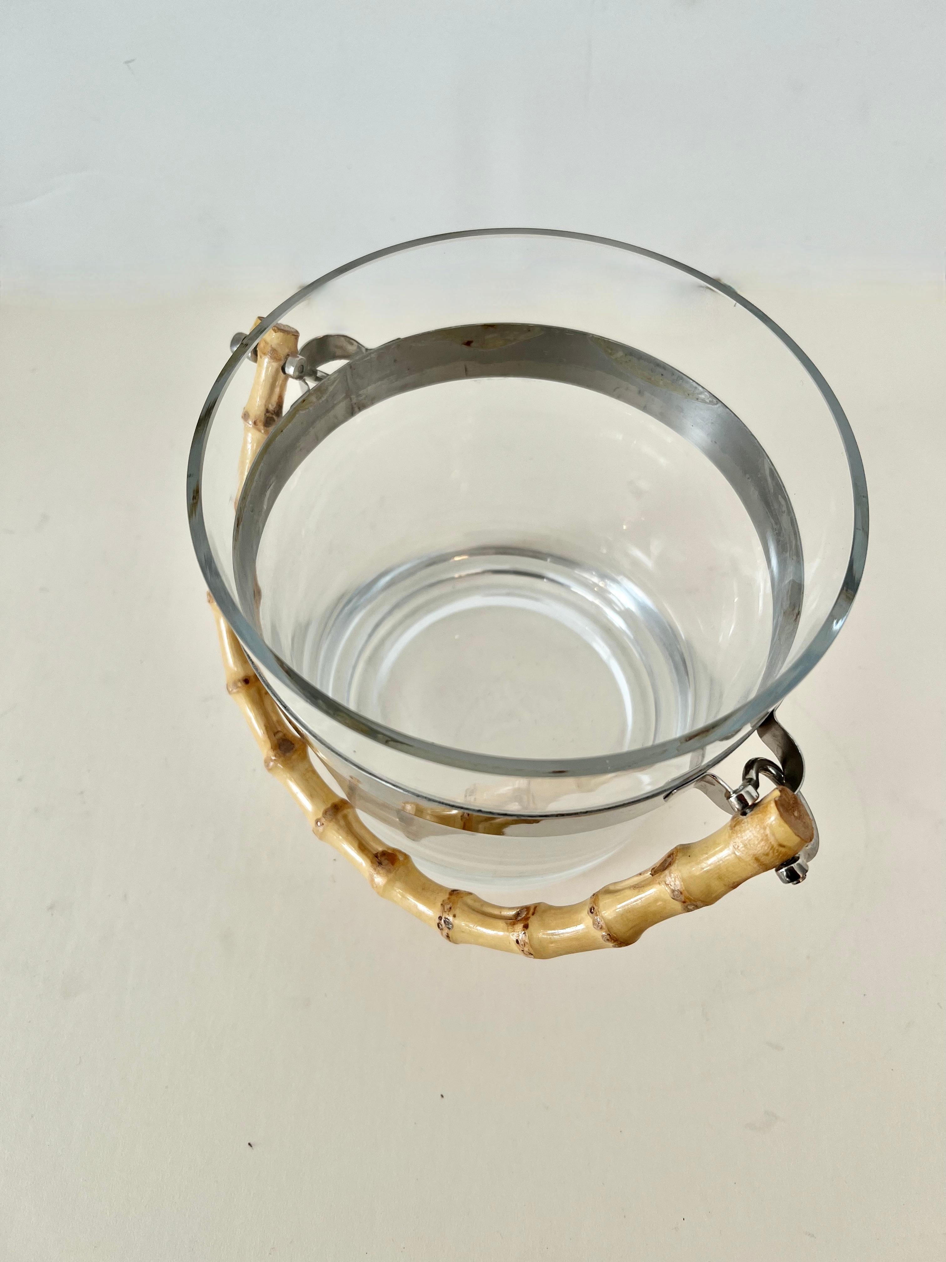 Glass Ice Bucket with Silver Stripe and Bamboo Handle in Style of Ralph Lauren In Good Condition For Sale In Los Angeles, CA