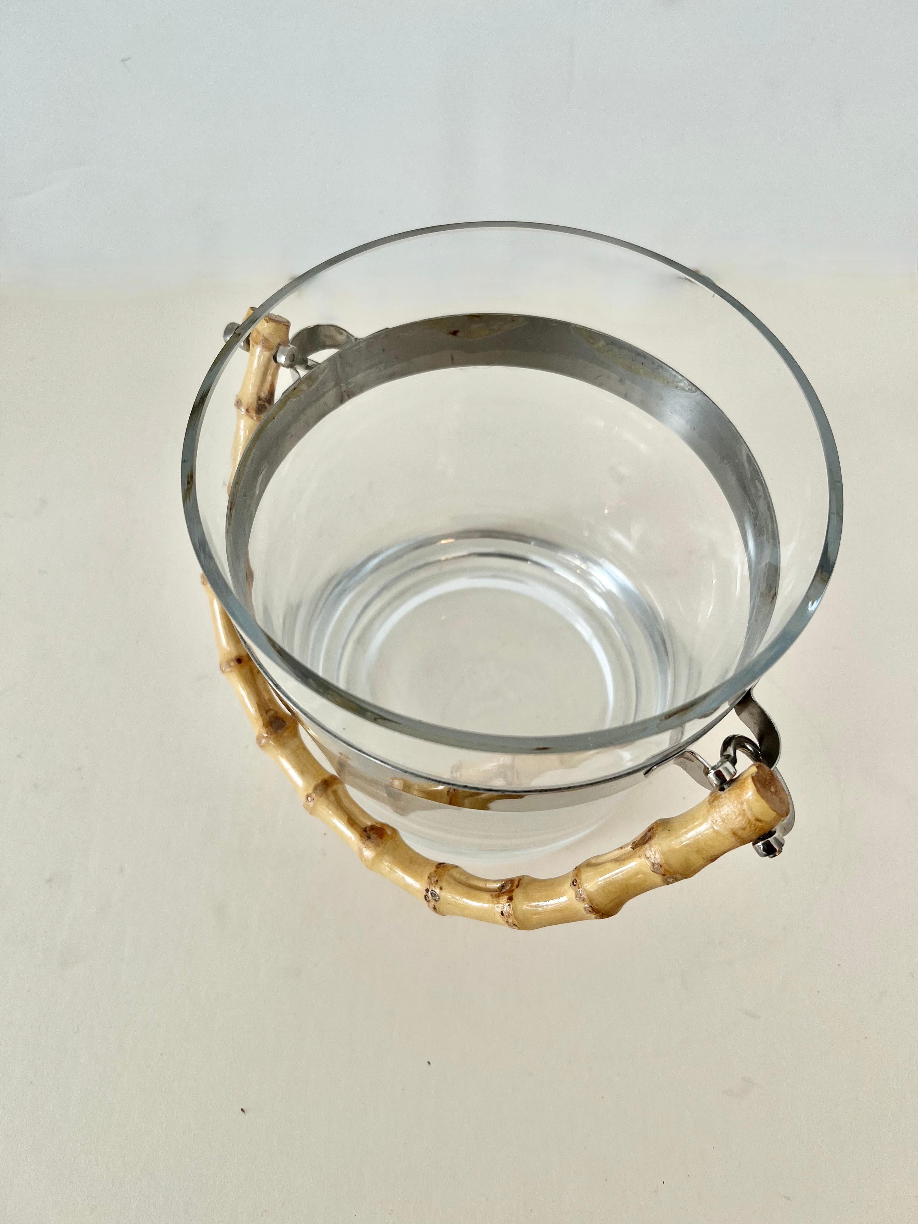 Hand-Crafted Glass Ice Bucket with Silver Stripe and Bamboo Handle in Style of Ralph Lauren For Sale