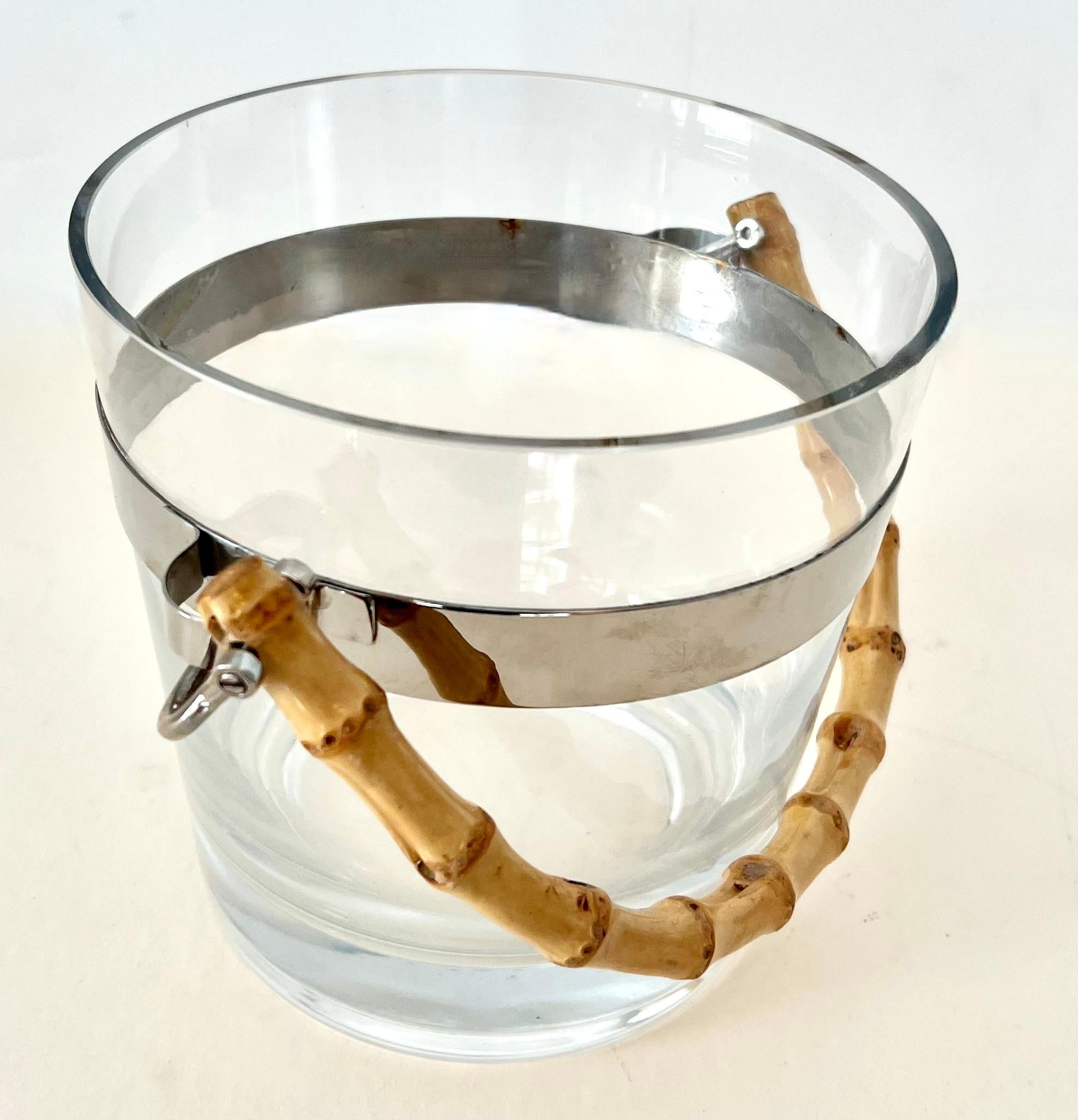 20th Century Glass Ice Bucket with Silver Stripe and Bamboo Handle in Style of Ralph Lauren For Sale