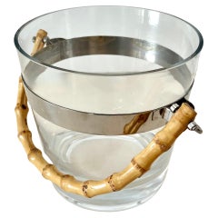 Vintage Glass Ice Bucket with Silver Stripe and Bamboo Handle in Style of Ralph Lauren