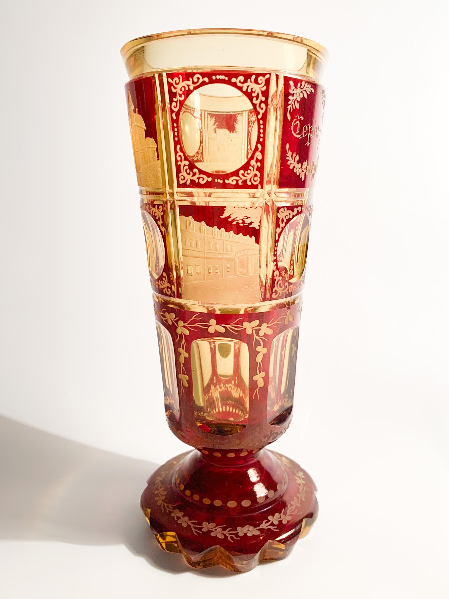 Glass in Red and Yellow Biedermeier Crystal Decorated with Acid from the 1800s 5