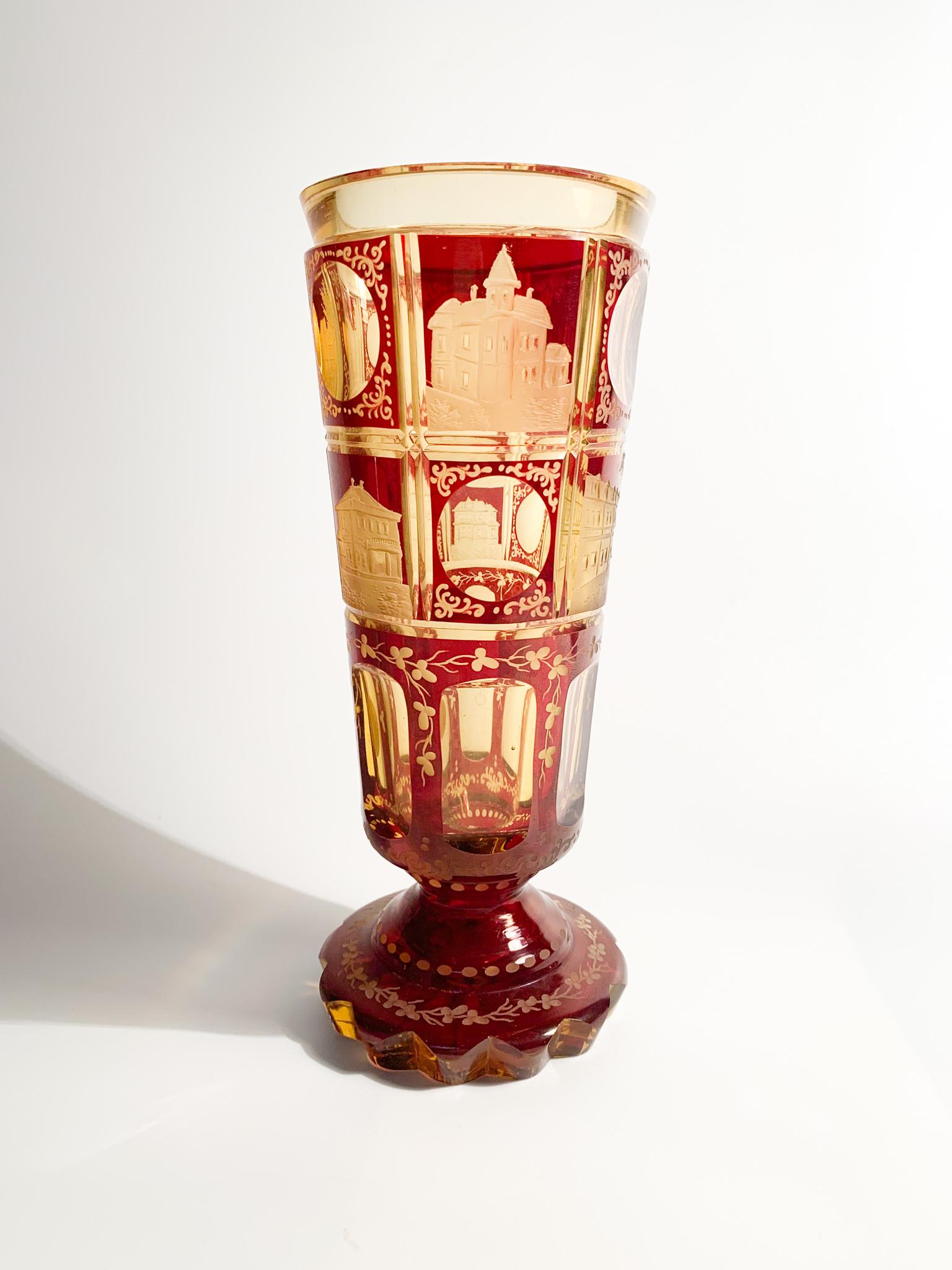 Glass in yellow and red Biedermeier crystal, decorated with acid and made in 1800

Measures: Ø cm 7,5 H cm 19

Biedermeier is was an artistic movement that developed between 1815 and 1848. The term initially spread as a pejorative. Composed of