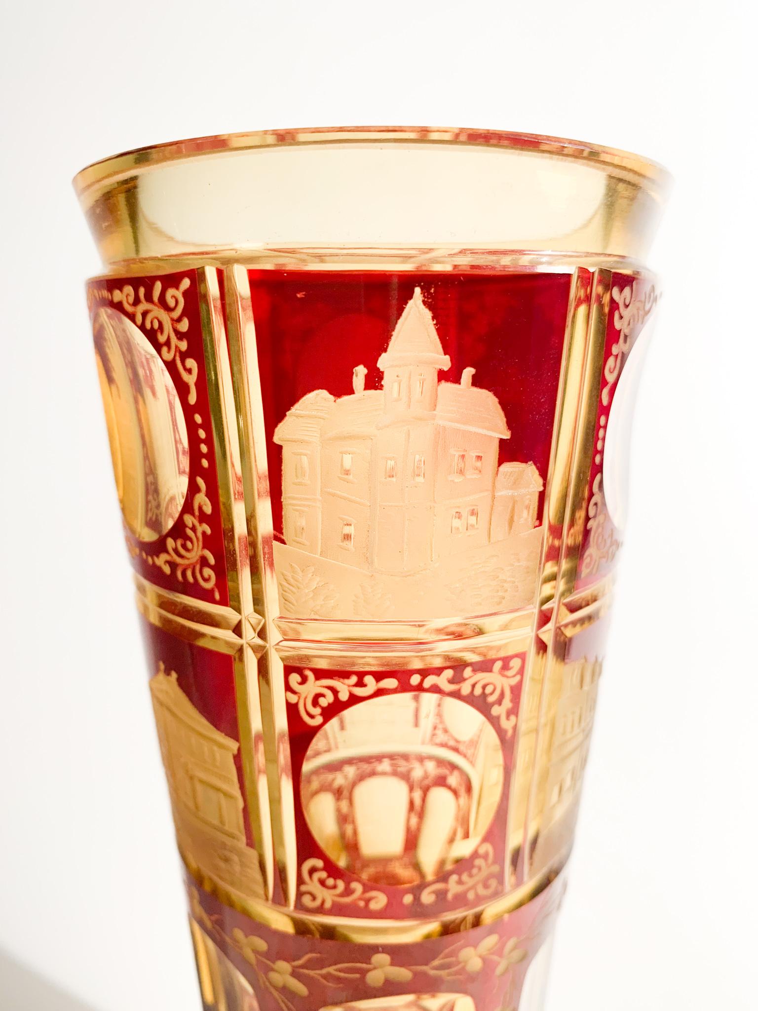 German Glass in Red and Yellow Biedermeier Crystal Decorated with Acid from the 1800s