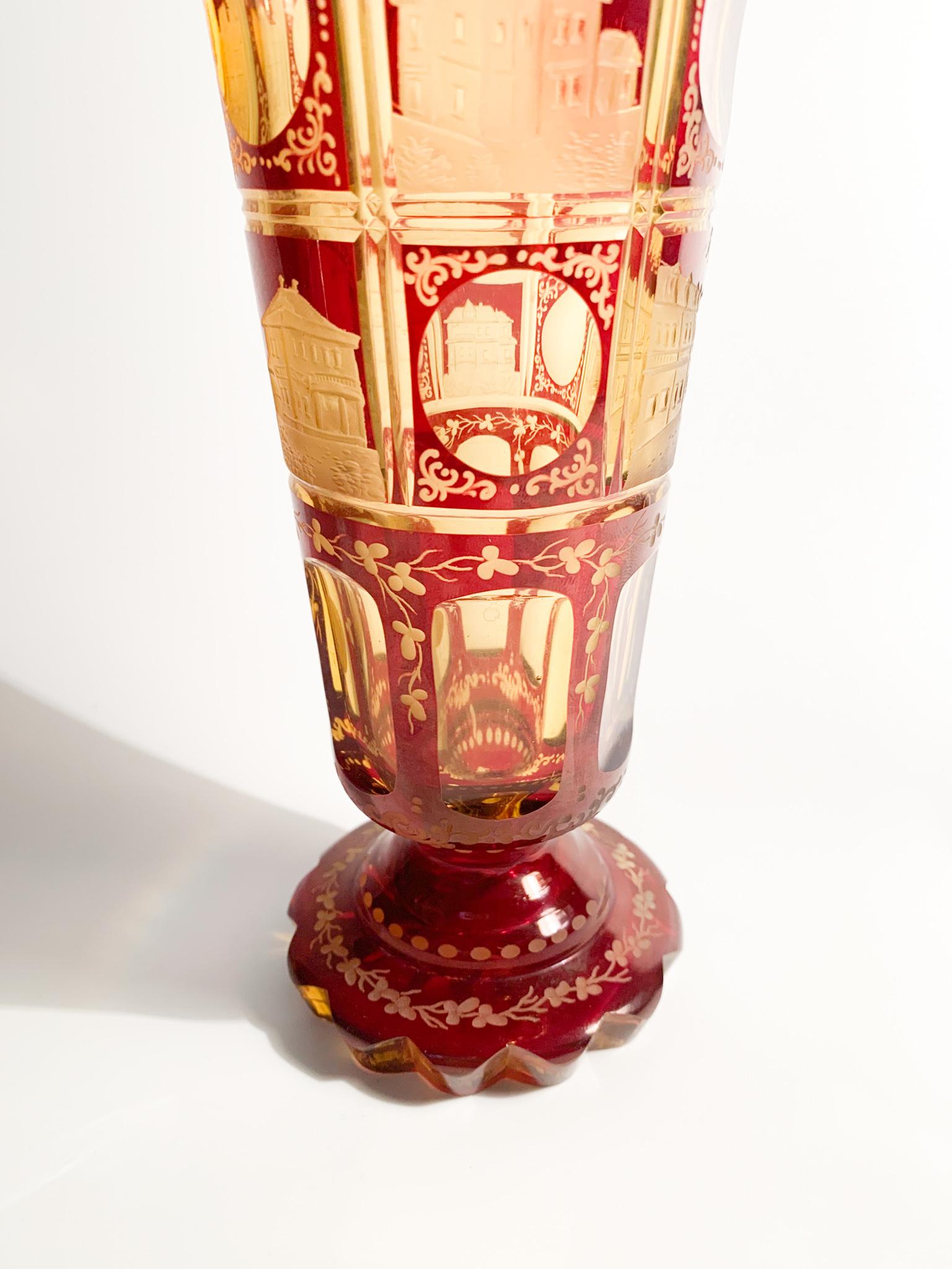 Glass in Red and Yellow Biedermeier Crystal Decorated with Acid from the 1800s In Good Condition In Milano, MI