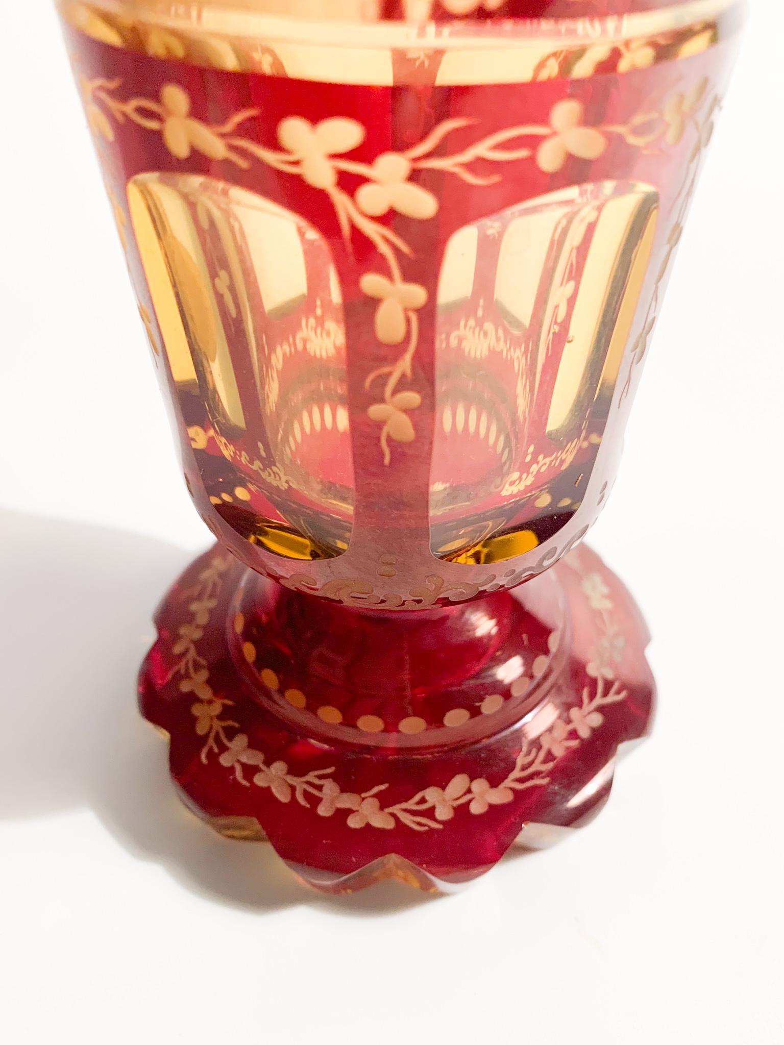 Glass in Red and Yellow Biedermeier Crystal Decorated with Acid from the 1800s 1