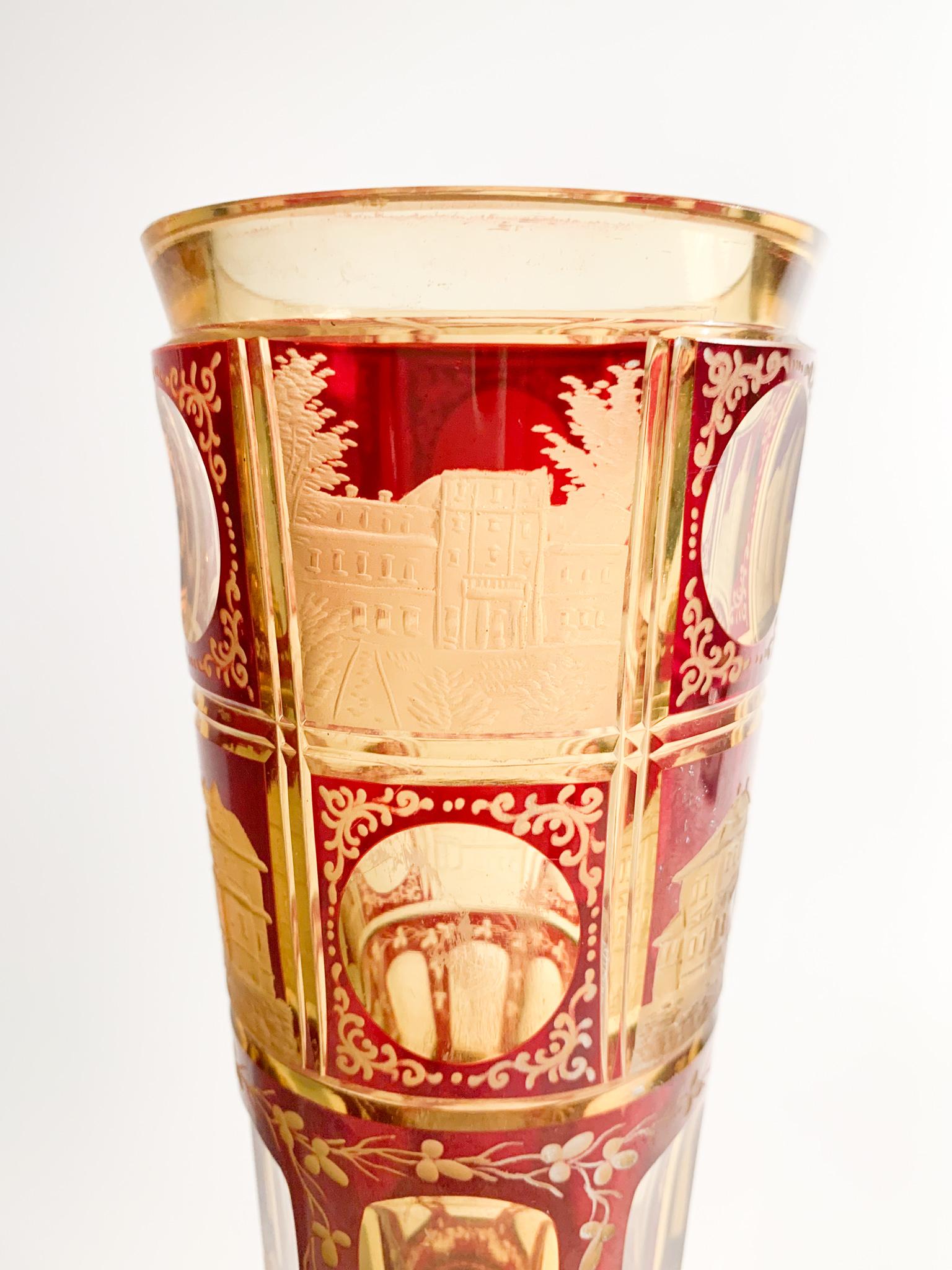 Glass in Red and Yellow Biedermeier Crystal Decorated with Acid from the 1800s 2