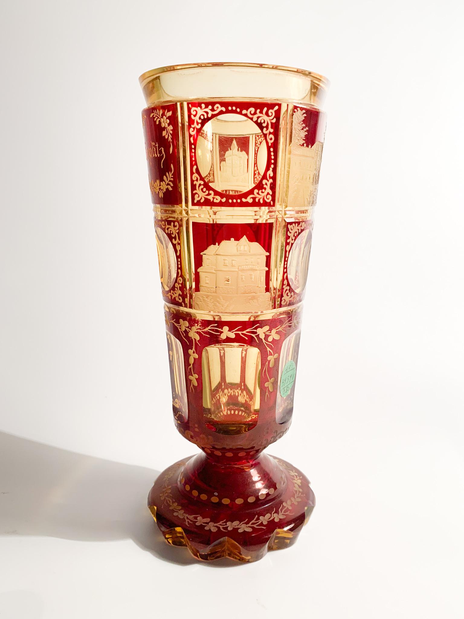 Glass in Red and Yellow Biedermeier Crystal Decorated with Acid from the 1800s 3