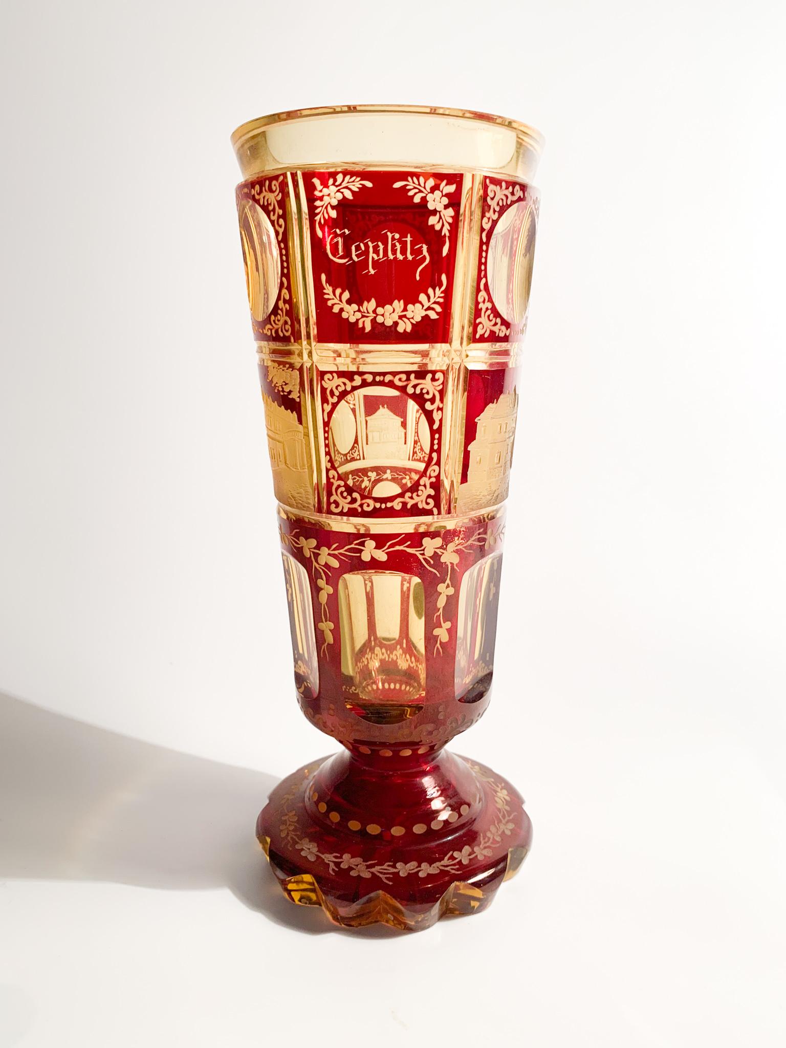 Glass in Red and Yellow Biedermeier Crystal Decorated with Acid from the 1800s 4