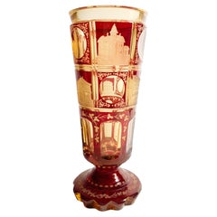 Glass in Red and Yellow Biedermeier Crystal Decorated with Acid from the 1800s