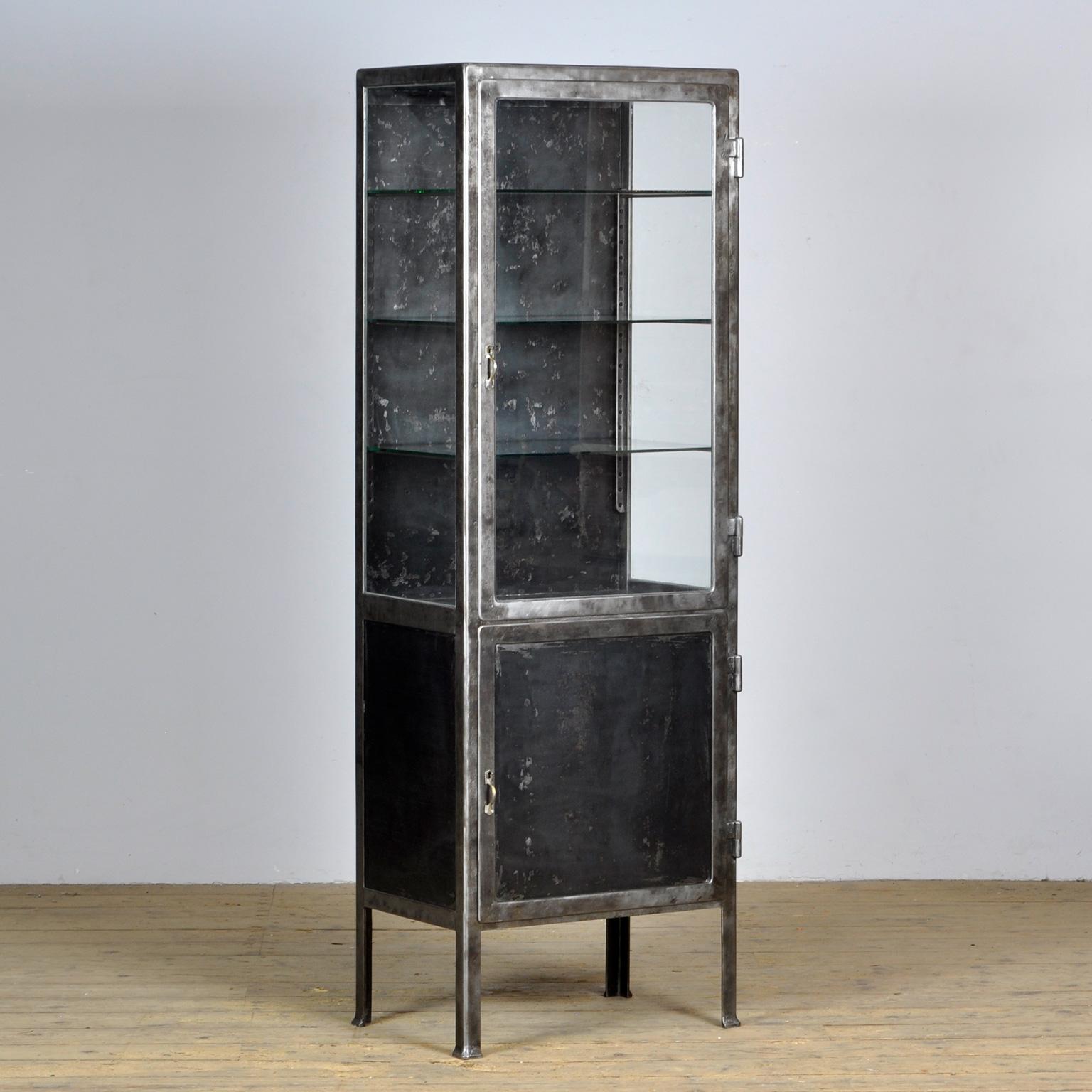 Industrial Glass & Iron Medical Cabinet, 1930s For Sale