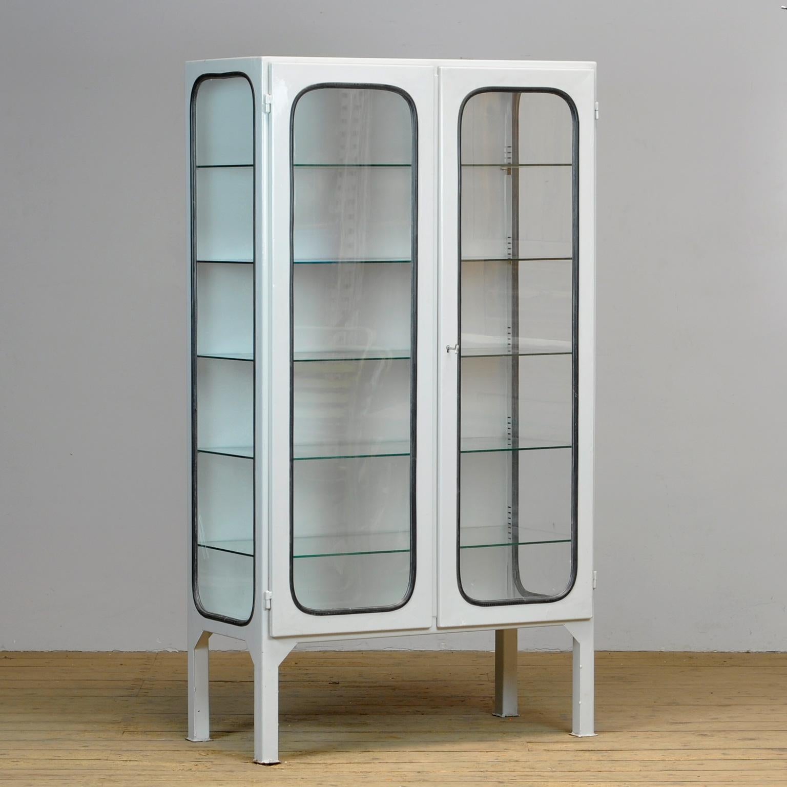 Industrial Glass & Iron Medical Cabinet, 1970s