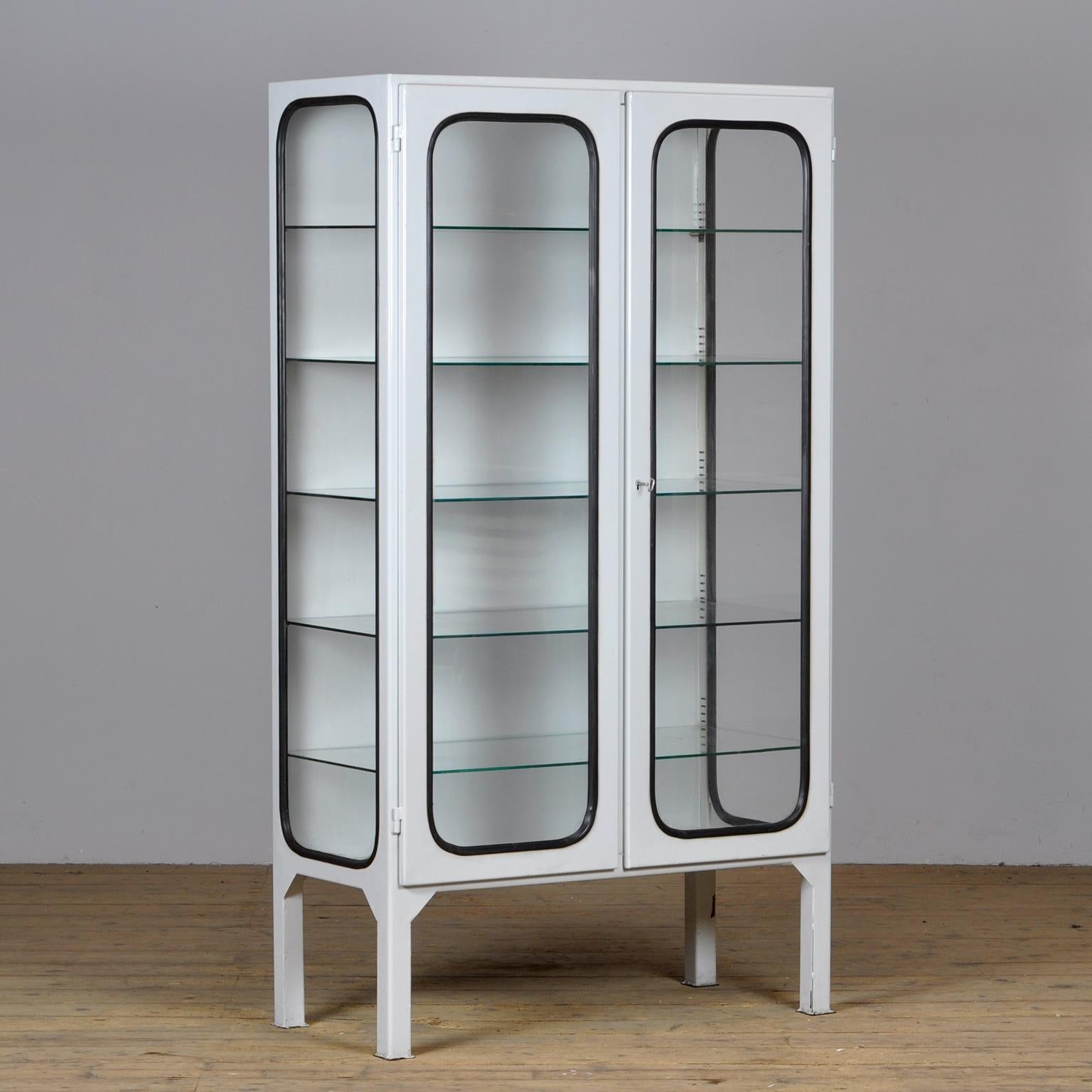 Industrial Glass & Iron Medical Cabinet, 1970s For Sale