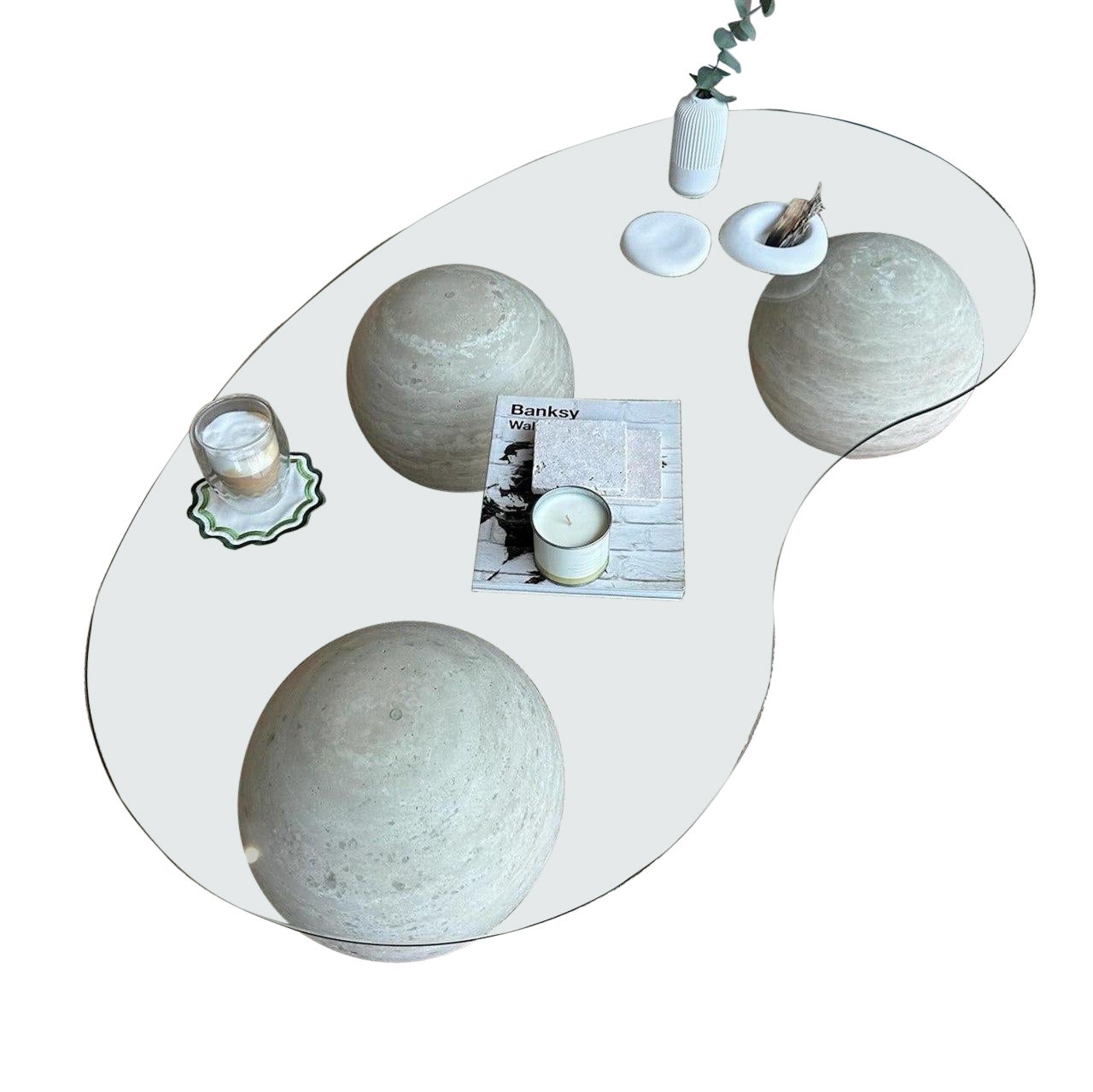 Couchtisch aus Glas und italienischem Travertin - Couchtisch aus Naturstein im Angebot