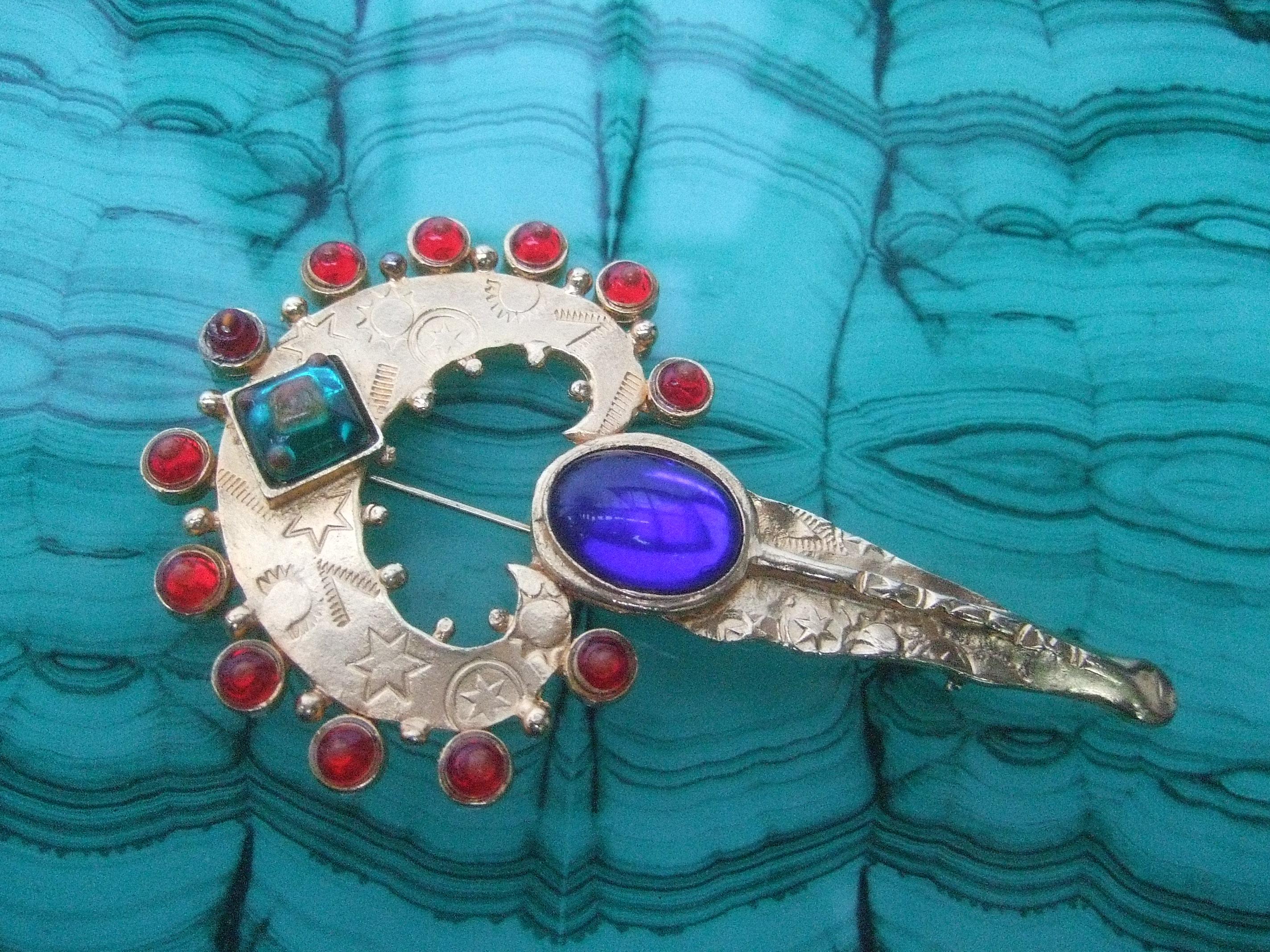 Modern Glass Jeweled Heart & Key Brooch Designed by Robert Rose c 1980s For Sale