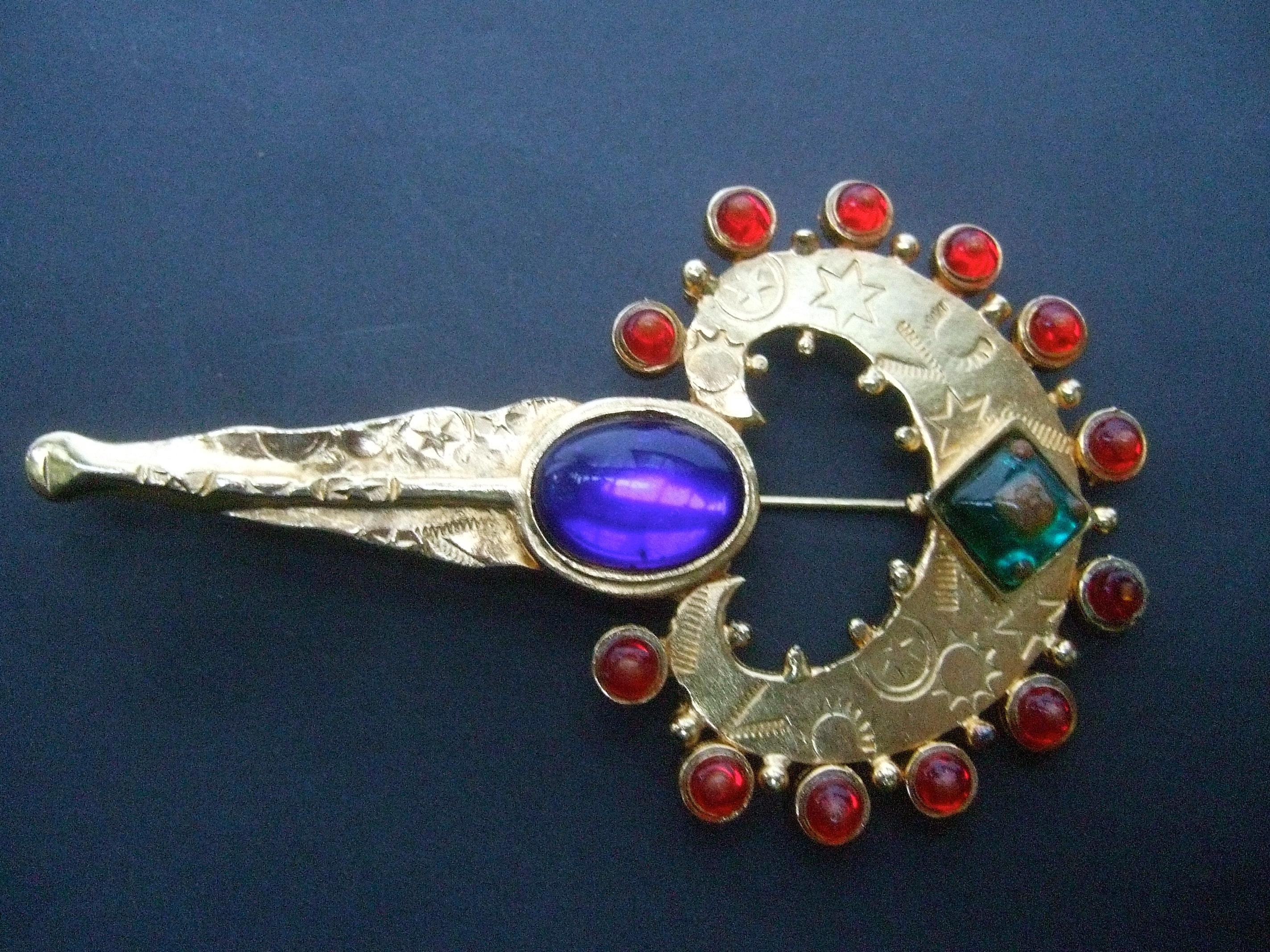 Glass Jeweled Heart & Key Brooch Designed by Robert Rose c 1980s In Good Condition For Sale In University City, MO