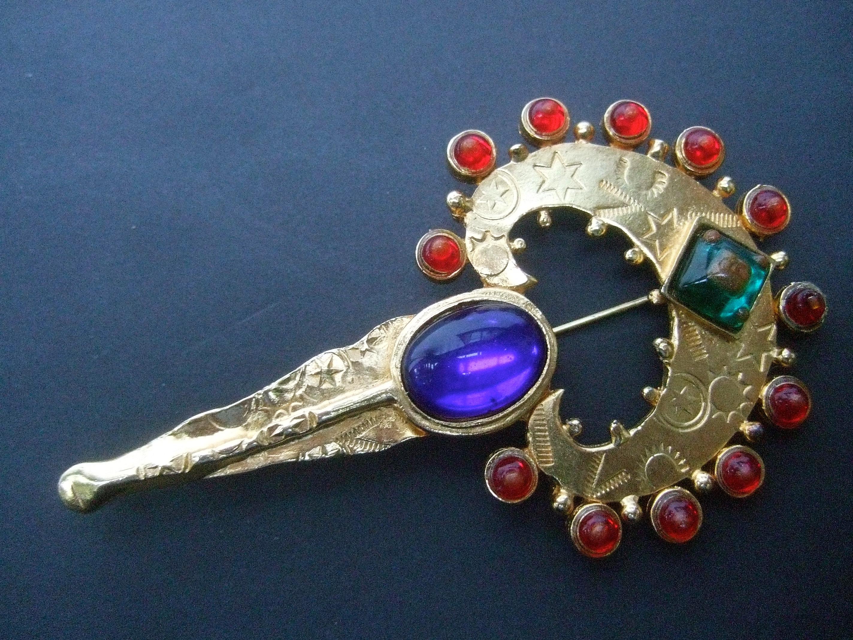 Women's Glass Jeweled Heart & Key Brooch Designed by Robert Rose c 1980s For Sale
