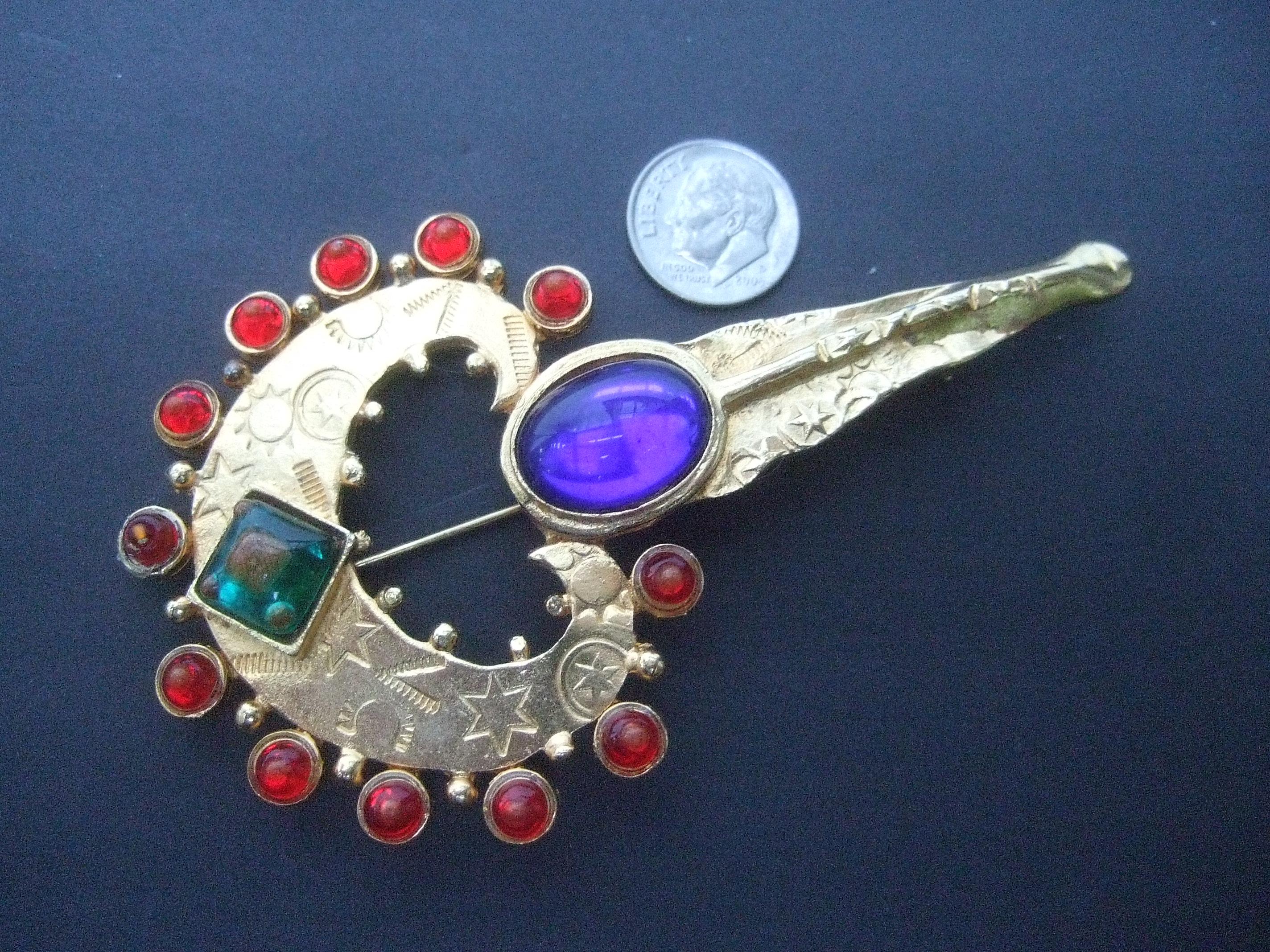 Glass Jeweled Heart & Key Brooch Designed by Robert Rose c 1980s For Sale 1