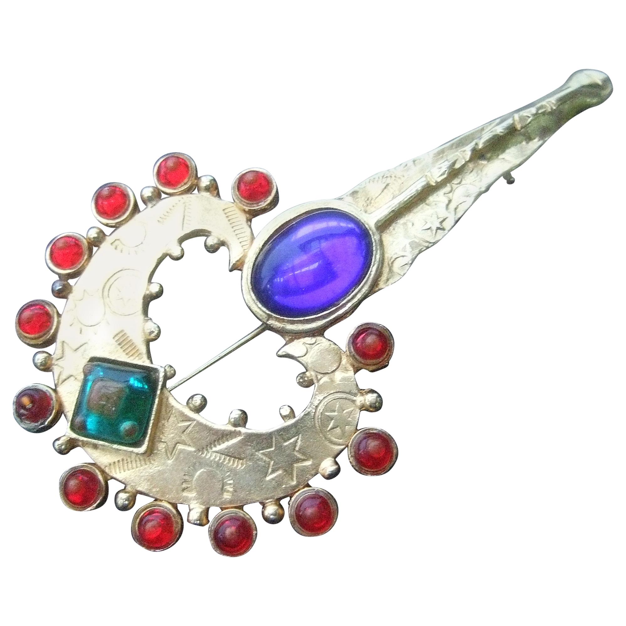 Glass Jeweled Heart & Key Brooch Designed by Robert Rose c 1980s For Sale