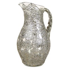 Antique 19th Century Glass Jug with Silvered Overlay Decor, Poland, circa 1880