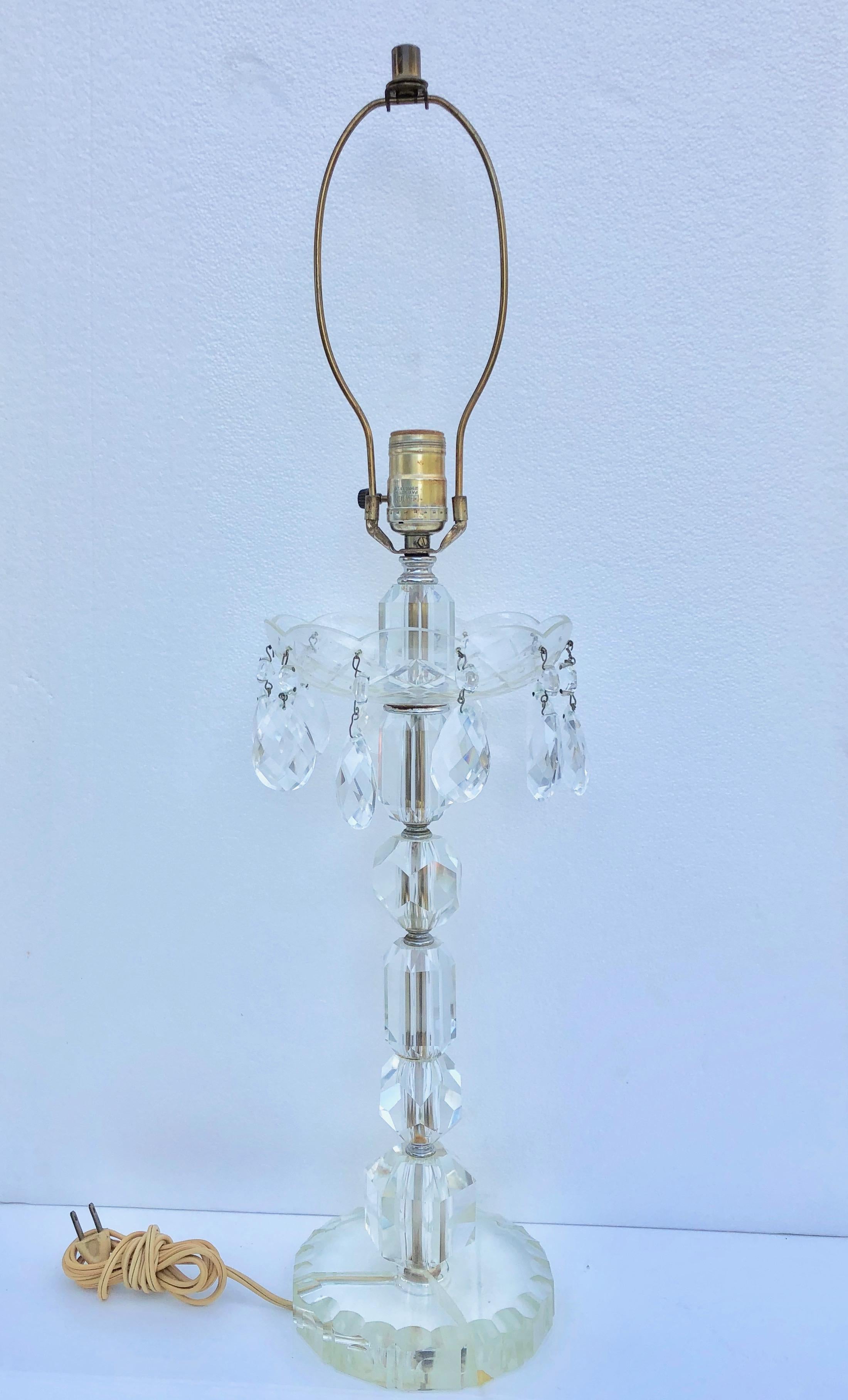 North American Glass Lamp with French Antique Hanging Crystals and Round Base For Sale