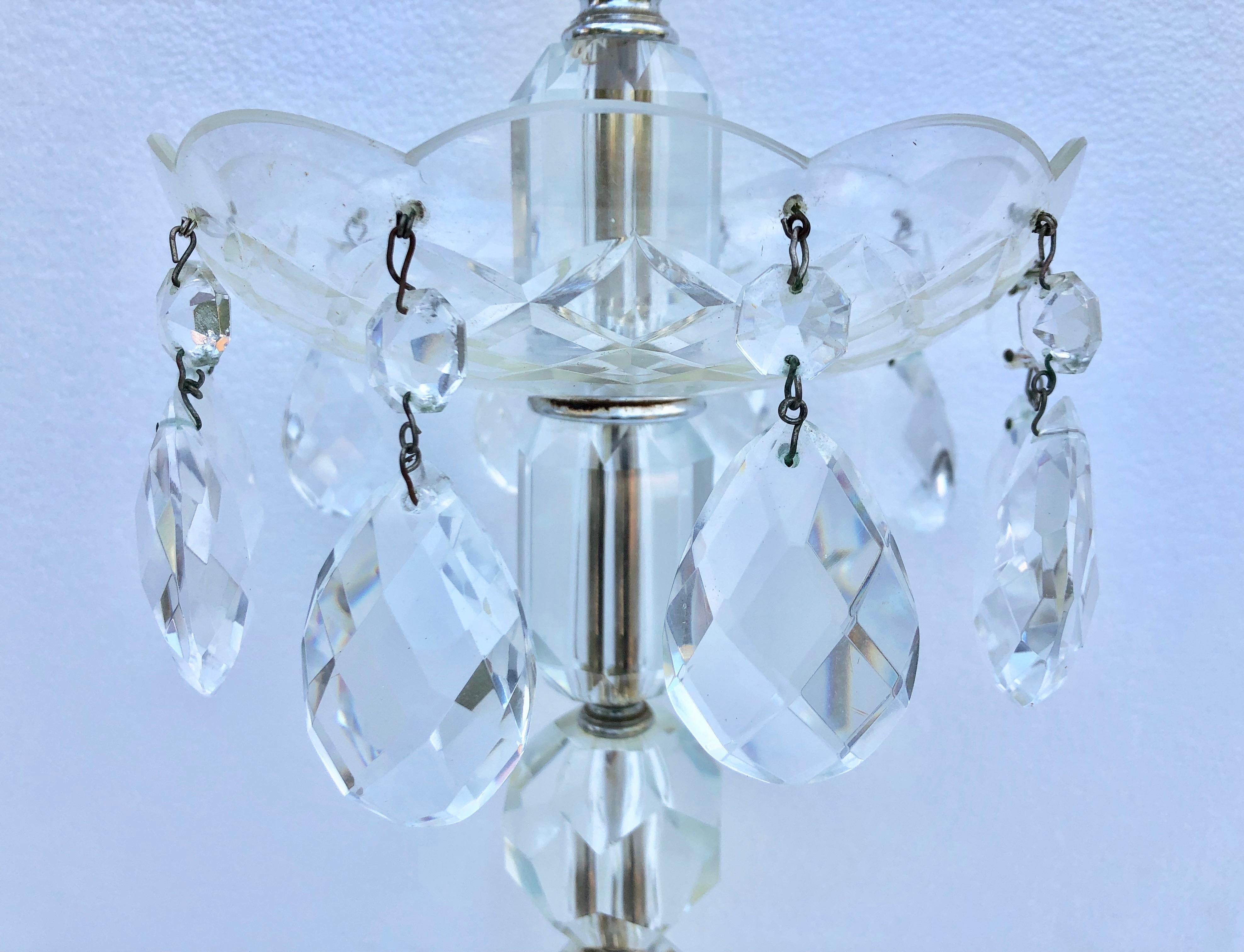 Glass Lamp with French Antique Hanging Crystals and Round Base In Fair Condition For Sale In Petaluma, CA
