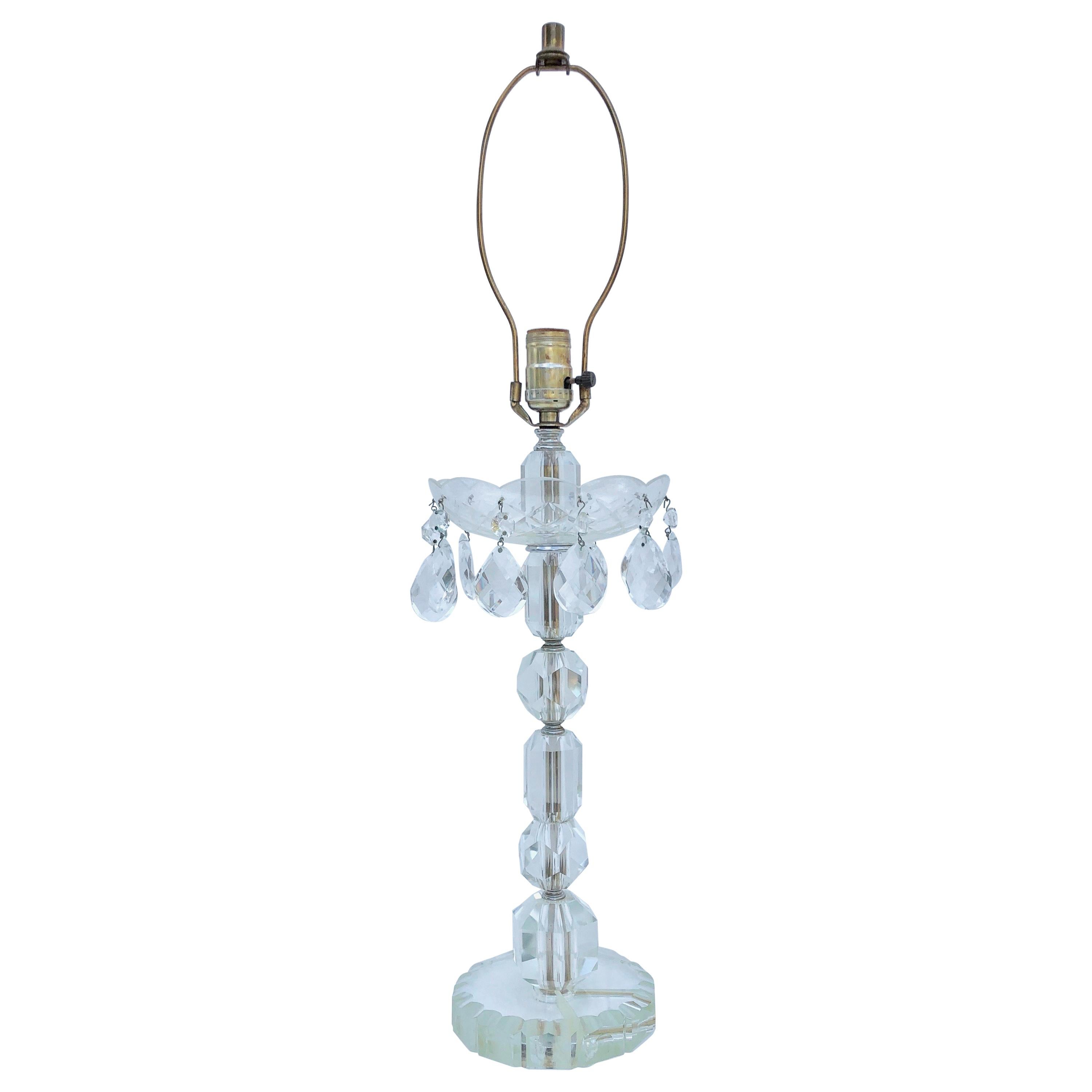 Glass Lamp with French Antique Hanging Crystals and Round Base For Sale