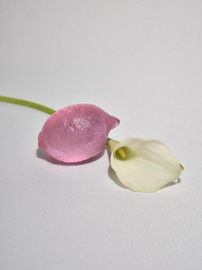 Gegossene Glaszitrone in Rosa von Devon made glass fruit, inspiriert von mundgeblasenen Glasobstmachern und Sammlern aus den 1960er Jahren. Die spielerische Leichtigkeit des Alltagsobstes steht im Kontrast zu der Schwere des Kristallglases, einem