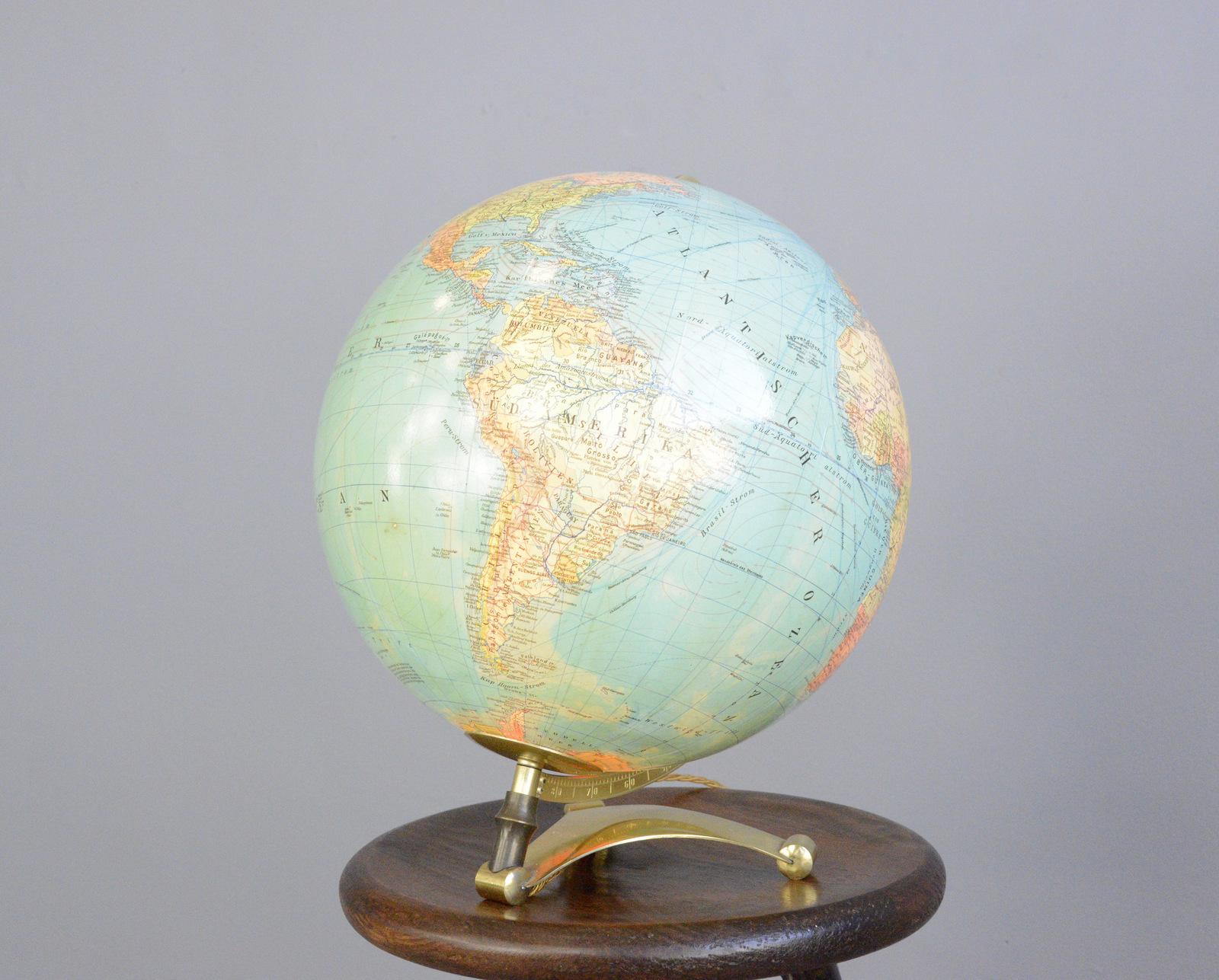 German Glass Light Up Desk Globe, circa 1950s