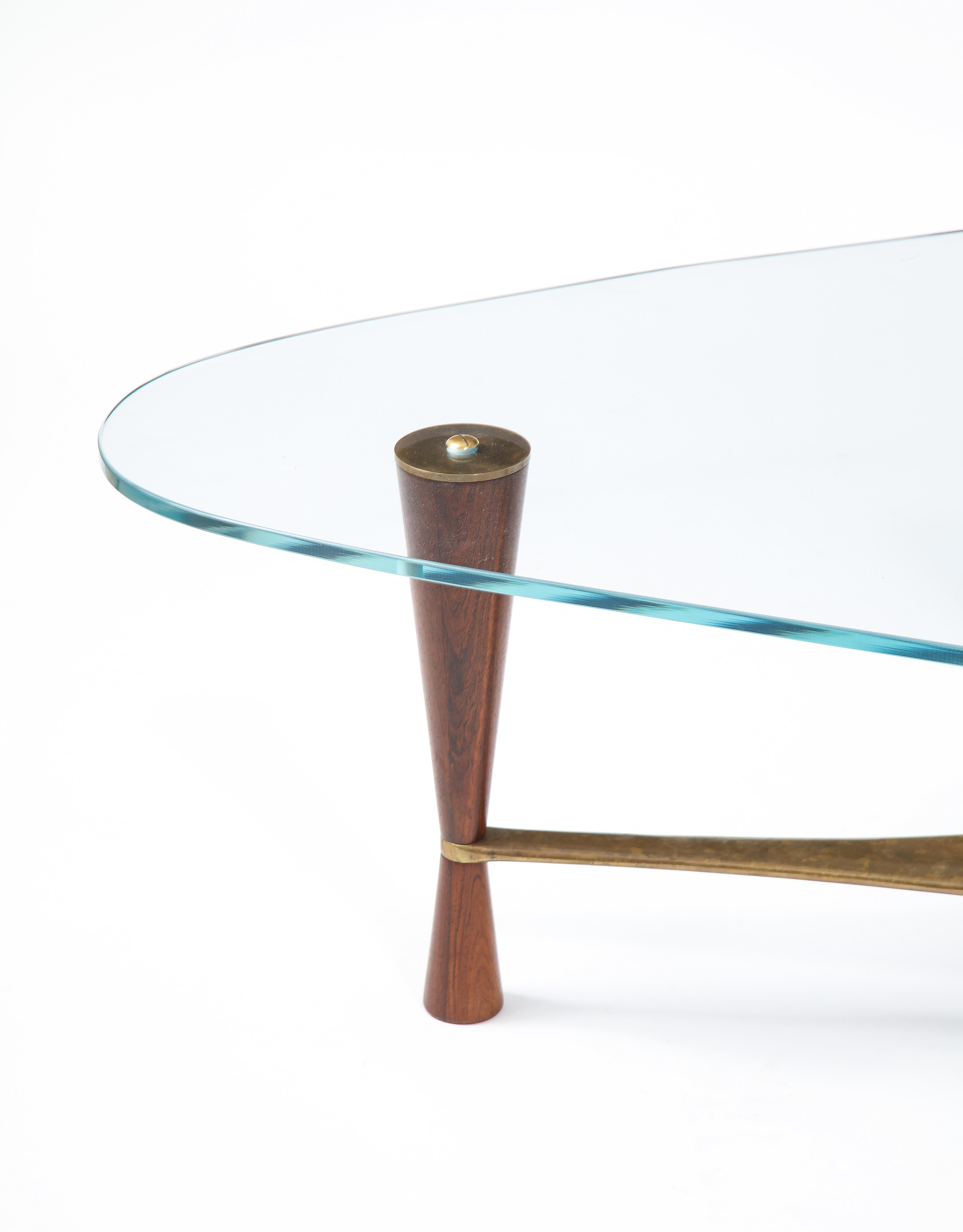 Designed by Edward Wormley and manufactured by Dunbar. 

USA, 1950's. 

A prime example of American Mid-Century design. Soft and subtle geometric form with wood + brass finishes that age and patina beautifully. 

Glass top secured in place to the