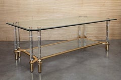 Glass & Lucite Rectangula Coffee Table with Gold Metal Frame and Two Tiers