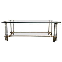 Glass & Lucite Rectangula Coffee Table with Gold Metal Frame and Two Tiers