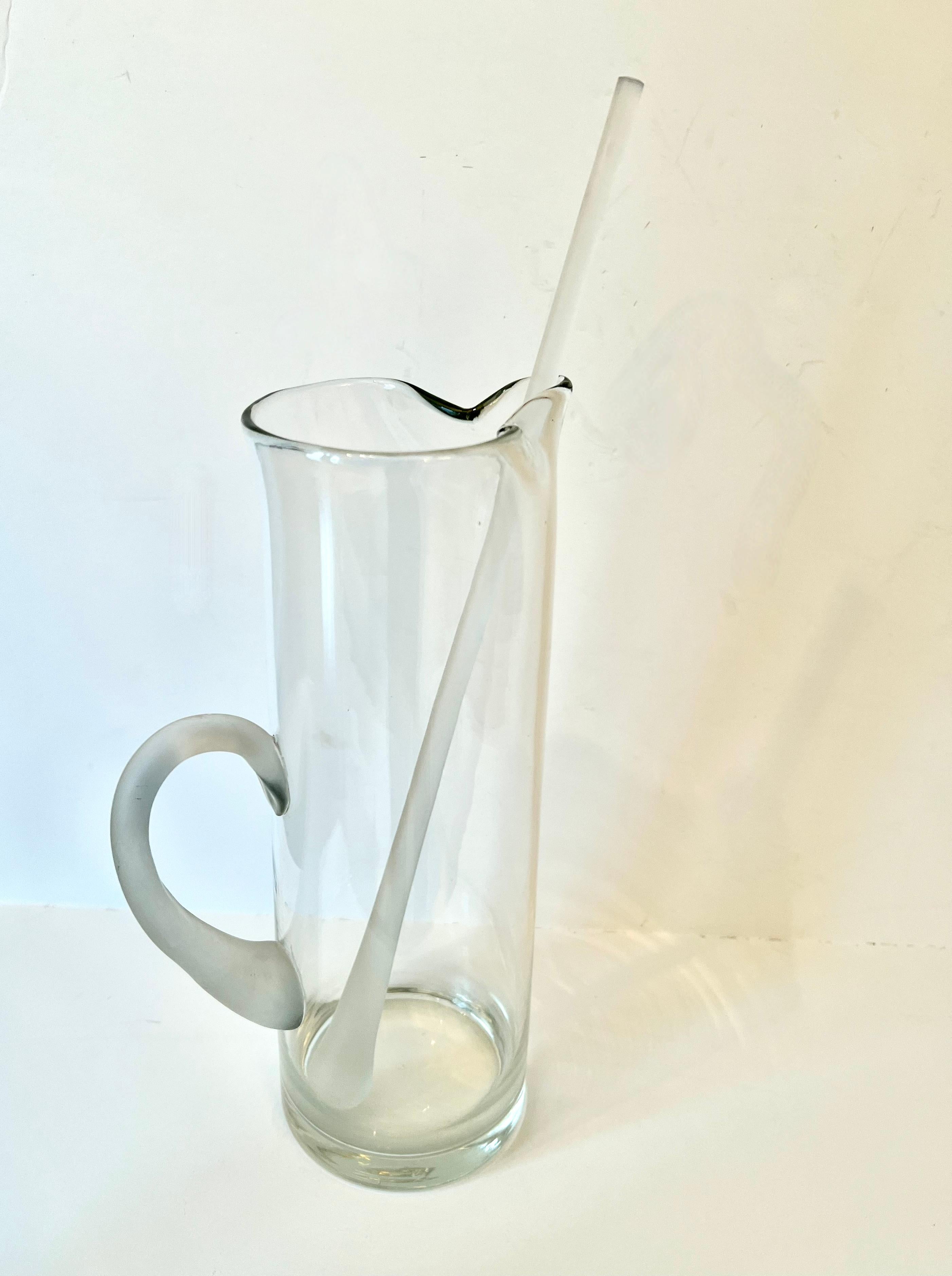 Mid-Century Modern Glass Martini Pitcher with Frosted Handle and Stirrer For Sale