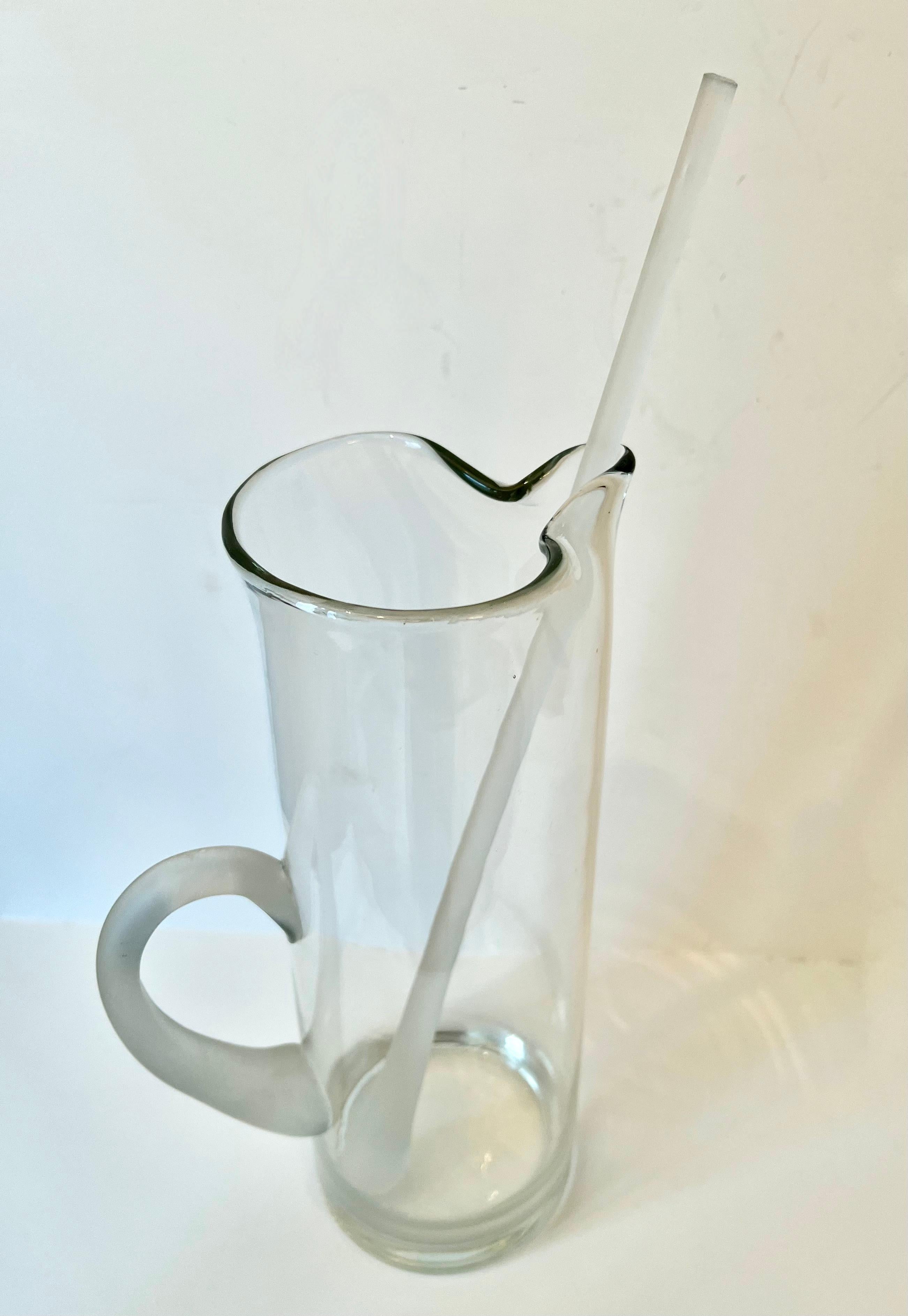 Glass Martini Pitcher with Frosted Handle and Stirrer In Good Condition For Sale In Los Angeles, CA