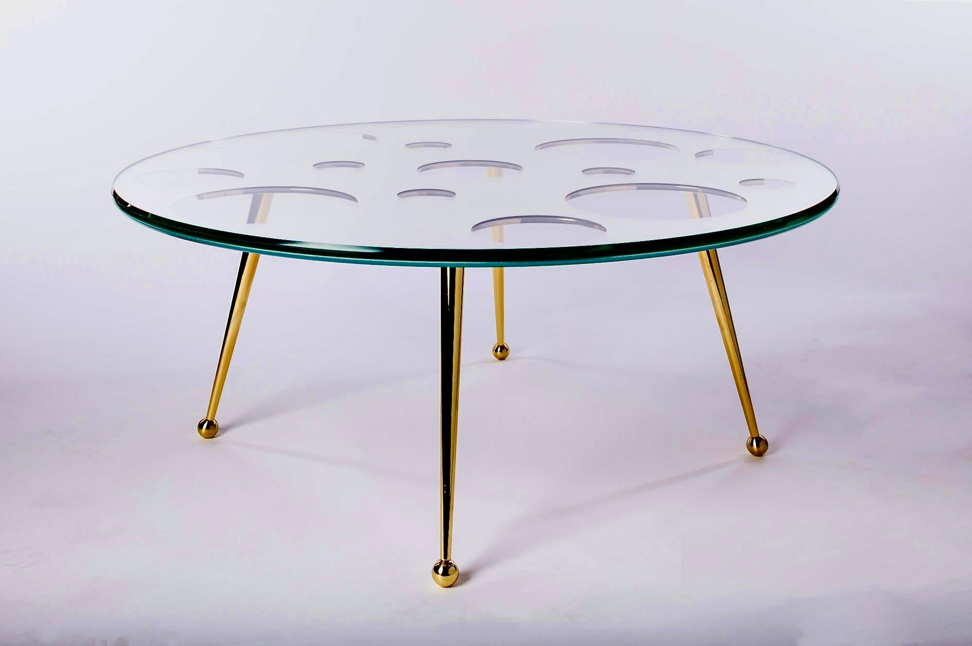Contemporary Glass & Mirror Topped Coffee Table With Polished Brass Legs For Sale