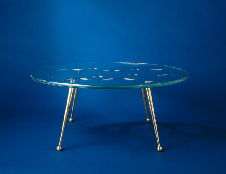 Glass and Mirror Topped Coffee Table With Polished Brass Legs For Sale