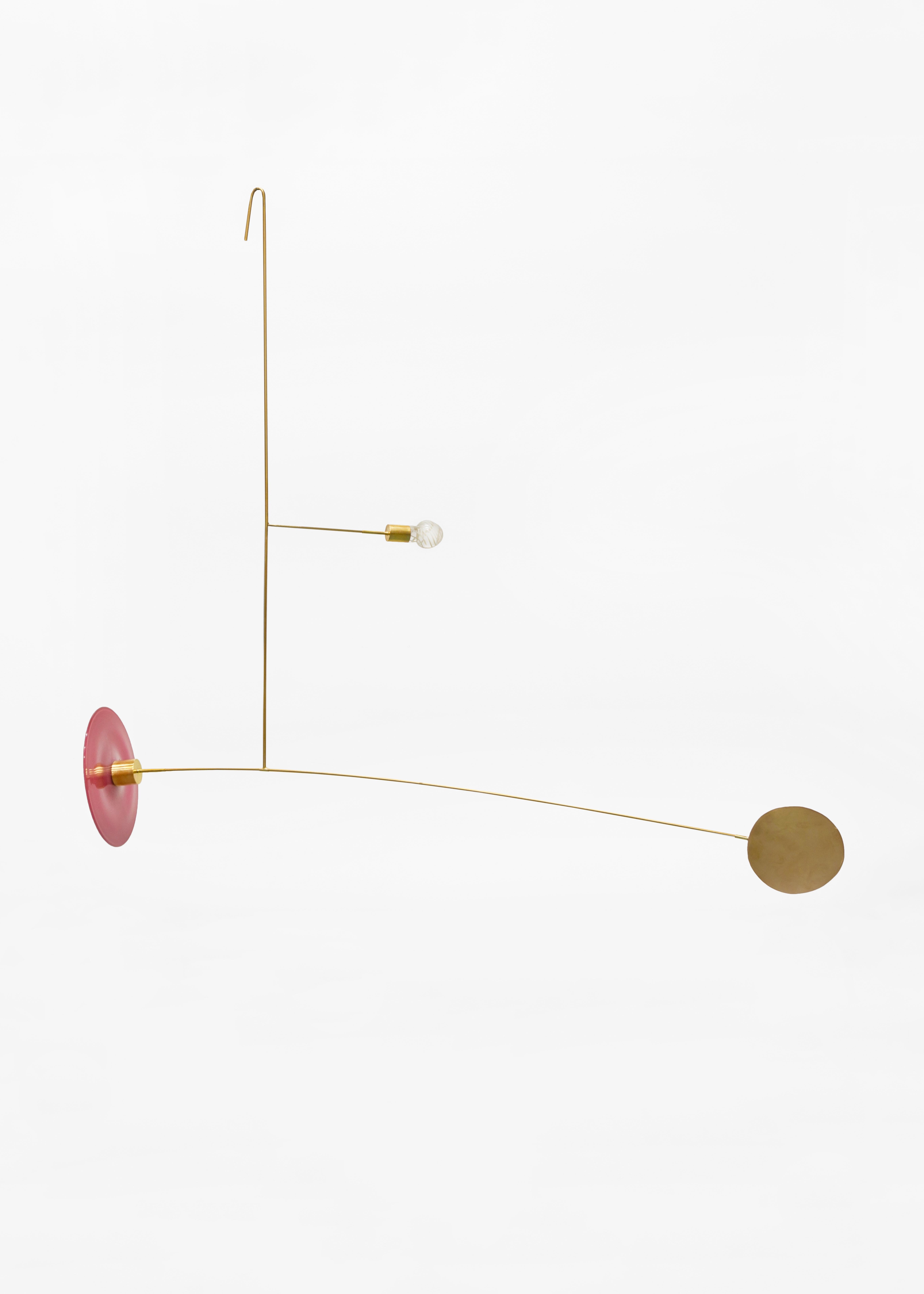 Glass mobile No. 80- by Milla Vaahtera
Dimensions: 700 x 200 x 650 cm
Weight: 300g


Dialogue is a series of mobiles and stabiles made of free-blown glass and hand-worked brass.

Vaahtera began to work on this series in May 2017 together with