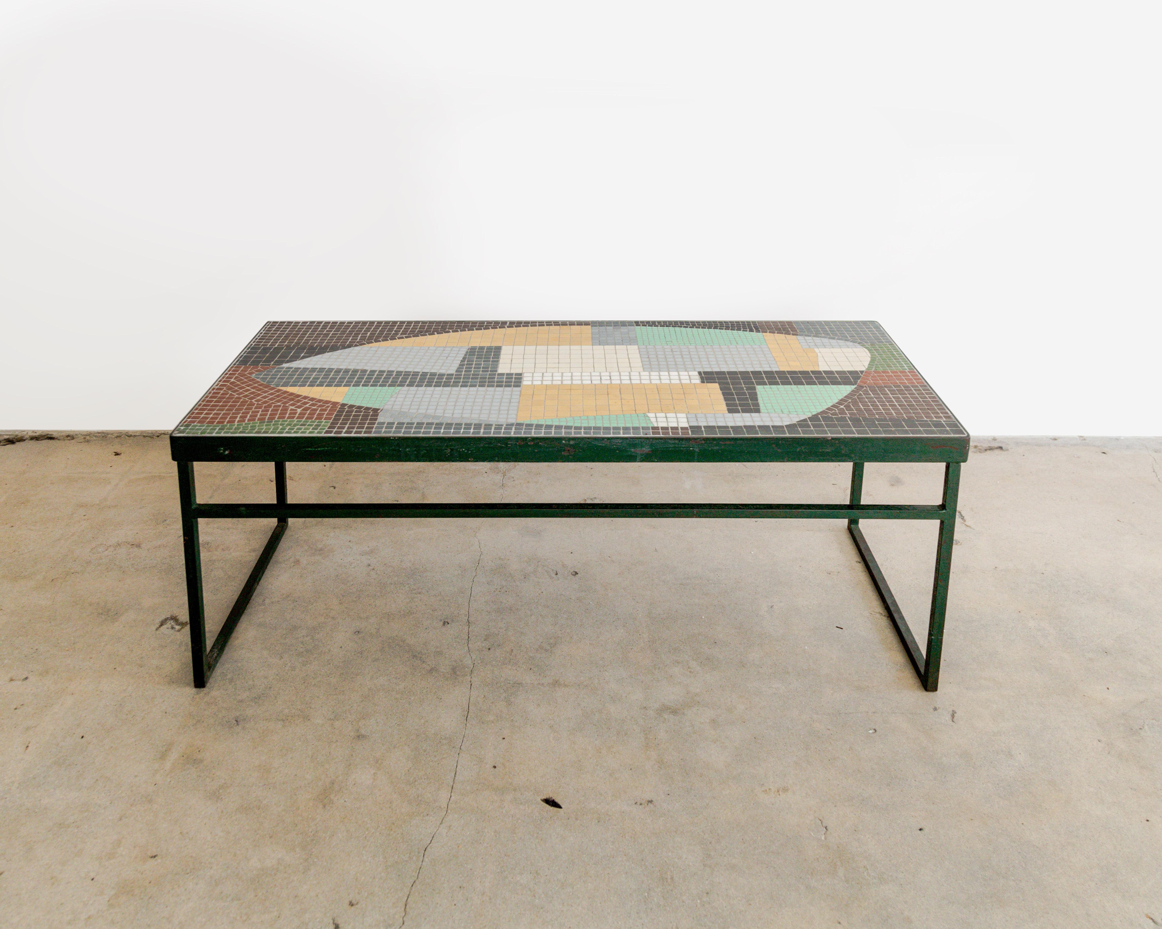 Glass mosaic top cocktail table with decorative multi-color inlay pattern, patinated dark green painted steel base, France circa 1960's.