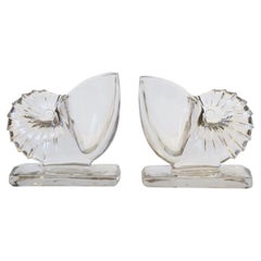 Nautilus Seashell Glass Bookends and Vases, Pair