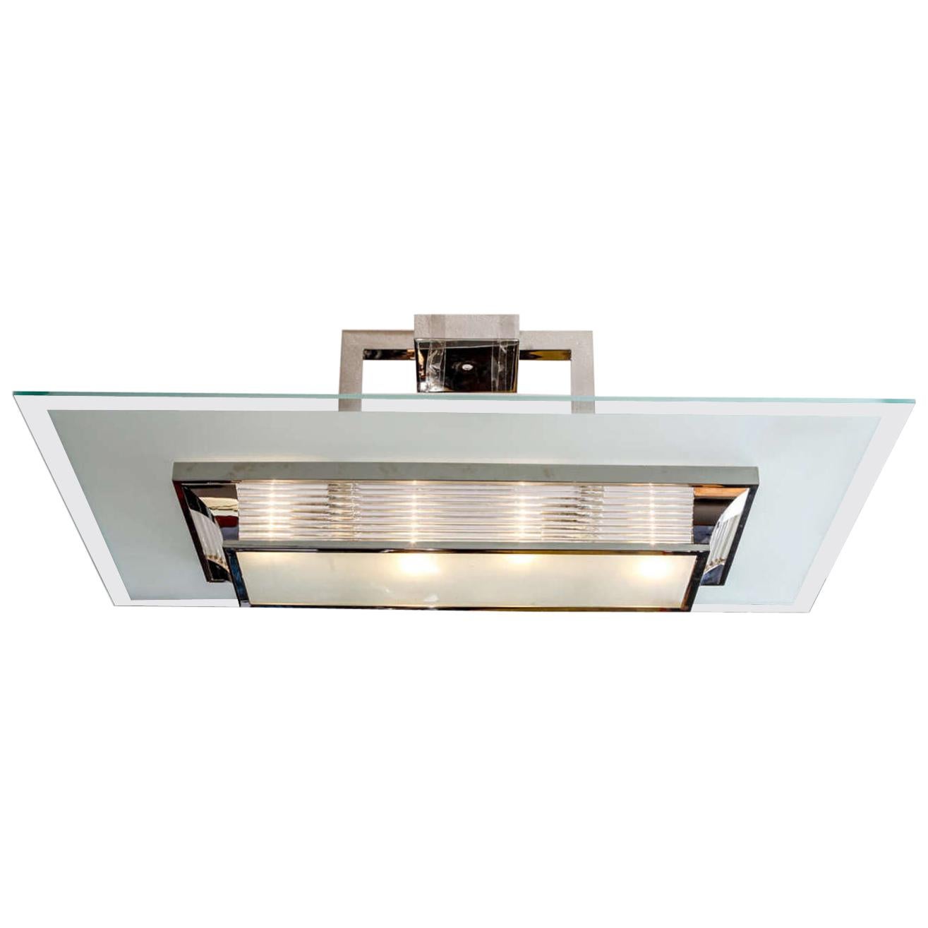 Glass - Nikel-Plated Art Deco Modernist French Ceiling Lamp For Sale