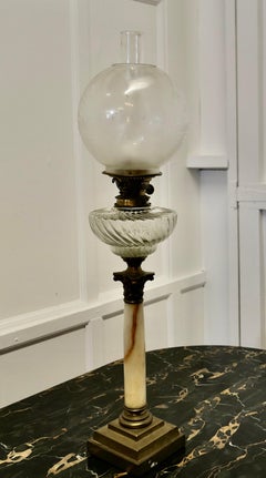 Glass Oil Lamp on Marble Column with a Stepped Brass Base