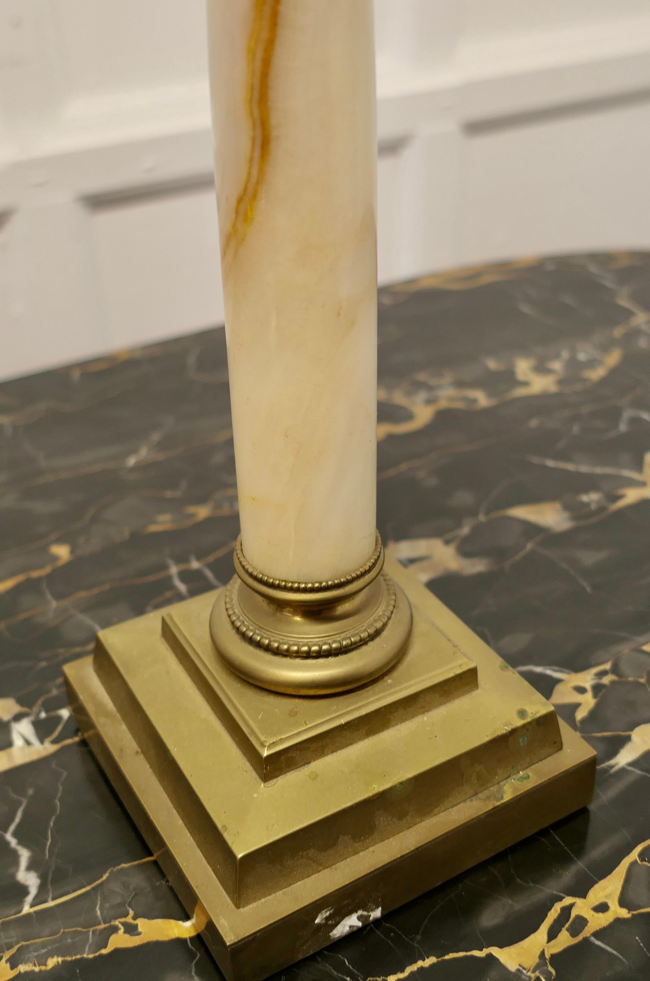 Art Nouveau Glass Oil Lamp on Marble Column with a Stepped Brass Base For Sale